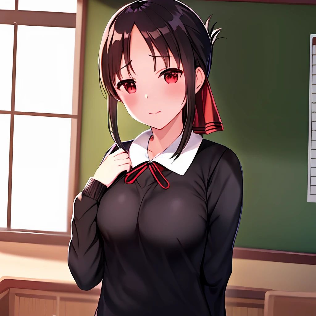 Kaguya Shinomiya 1 Woman Bangs Blackboard Classroom Closed Mouth Curtain Daytime Desk Nail Hold Pencil Hold Lips Long Sleeve Pencil Case School DeskSchool UniformSimple BackgroundSitting Around Sleeve Single Sleeve Sweater Upper Body Window