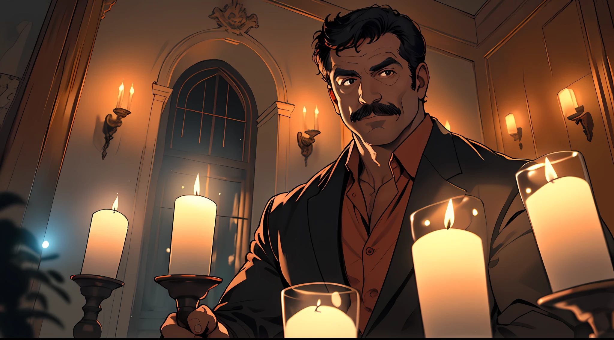 A particular investigator who is inspired by magnum p.i. from 80's is looking for clues in a haunted mansion, ghost around, candlelight, glowing lights, volumetric lights, intricate details, ultra resolution, 8k, masterpiece, high definition, dynamic composition