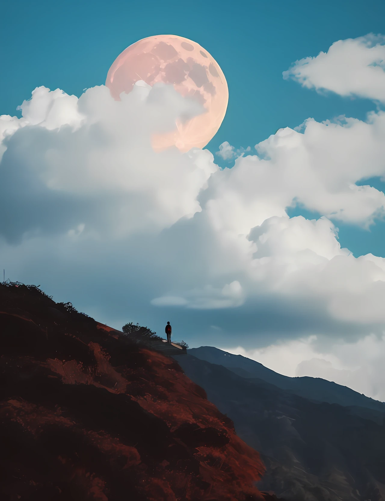 Crimson Moon surrounded by clouds,Here's the scene of Honkai。In the middle stood a man with a gun