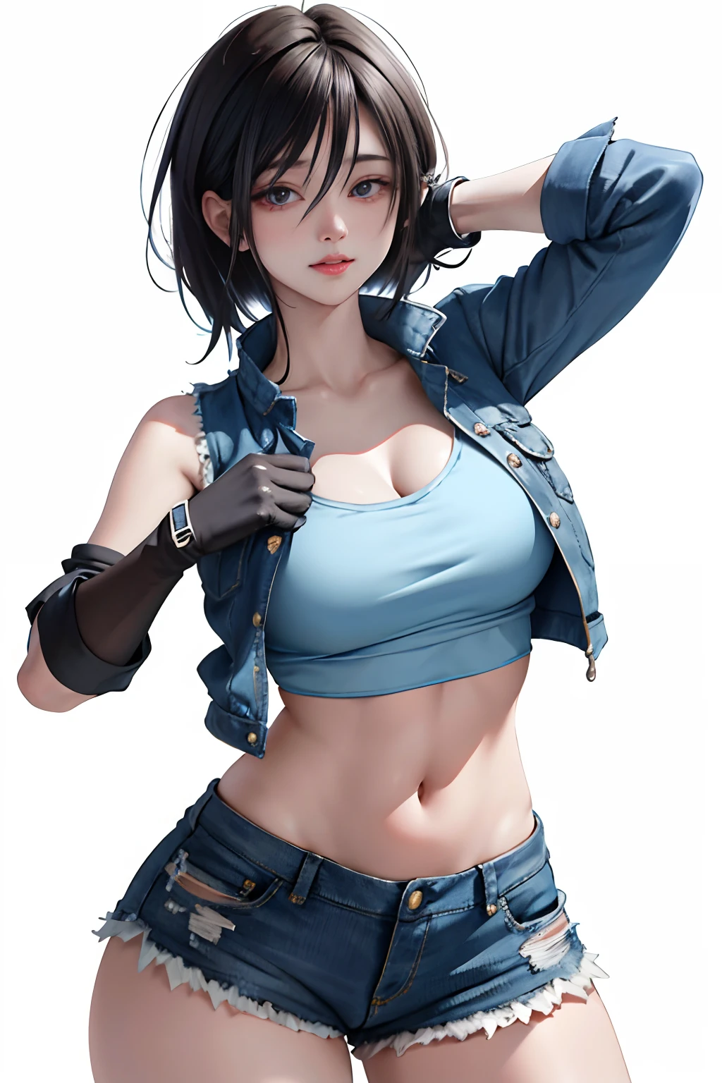 tmasterpiece，8K，Perfect face highly detailed，hdr，Ultra-realistic photo shooting，absurderes，an award winning photograph，The is very detailed，astounding，finely detailled，
KazAsuka，A woman who is，Blue crop top top，，Denim jacket and shorts，with short black hair，Mixed fighting gloves，posed for photo，simply white background