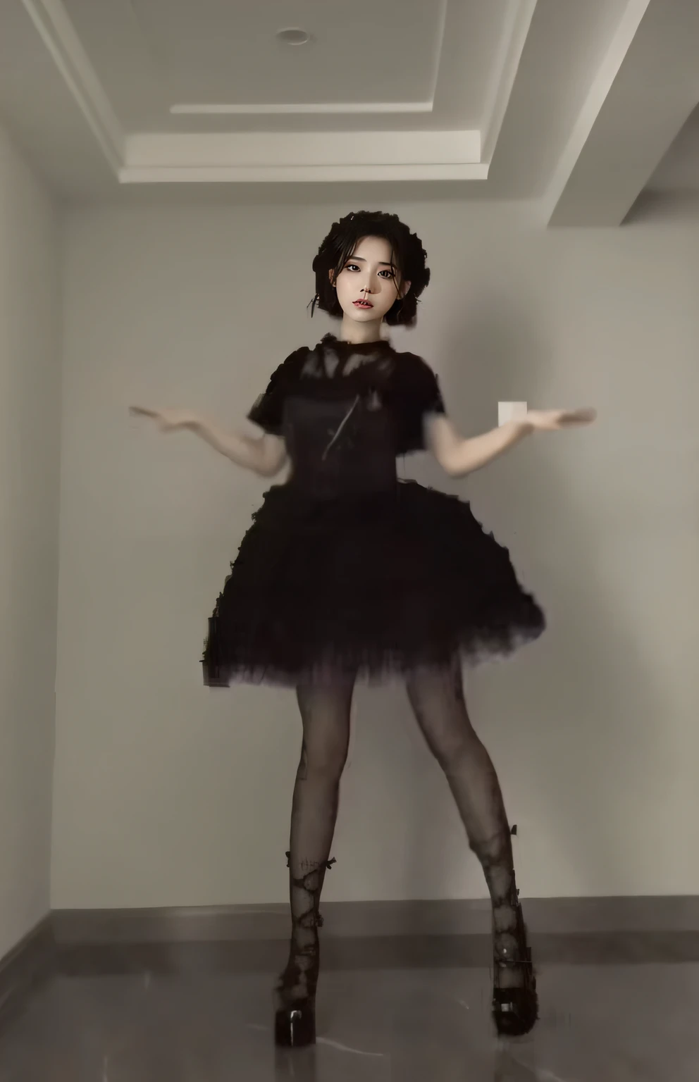 Lace black skirt,black lence stockings,high-heels,Short black hair with twisted braids, Delicate face,slenderlegs,Disgusted expressions,Delicate eyes