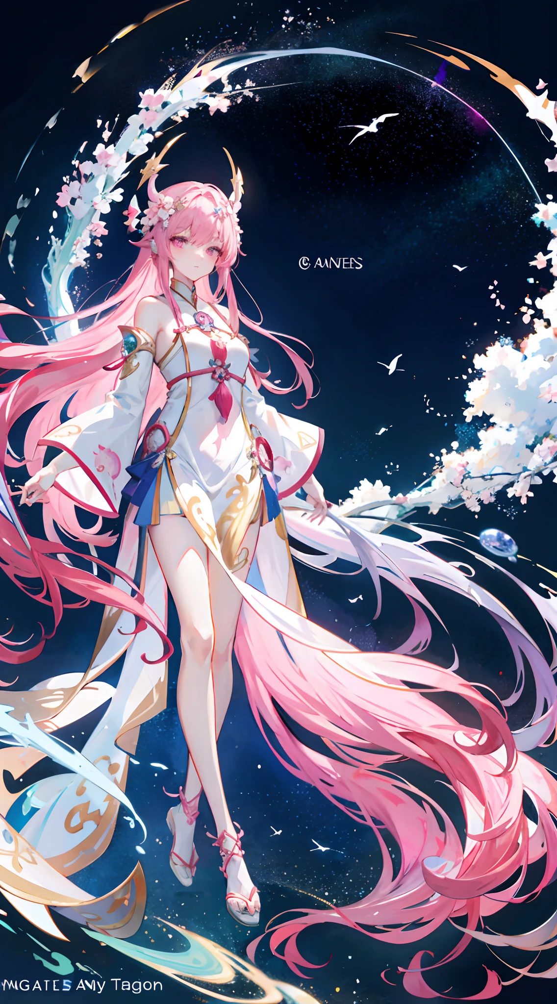 Long pink hair and Hanfu standing in the water,(Hanfu:1.5) Beautiful celestial mage, Anime fantasy illustration, Anime goddess, flowing magical robe, flowing hair and long robes, ethereal anime, celestial goddess, Anime fantasy artwork, anime girl with cosmic hair, astral fairy, anime illustration, Official anime artwork, goddess of galaxies, high detailed official artwork, astral ethereal