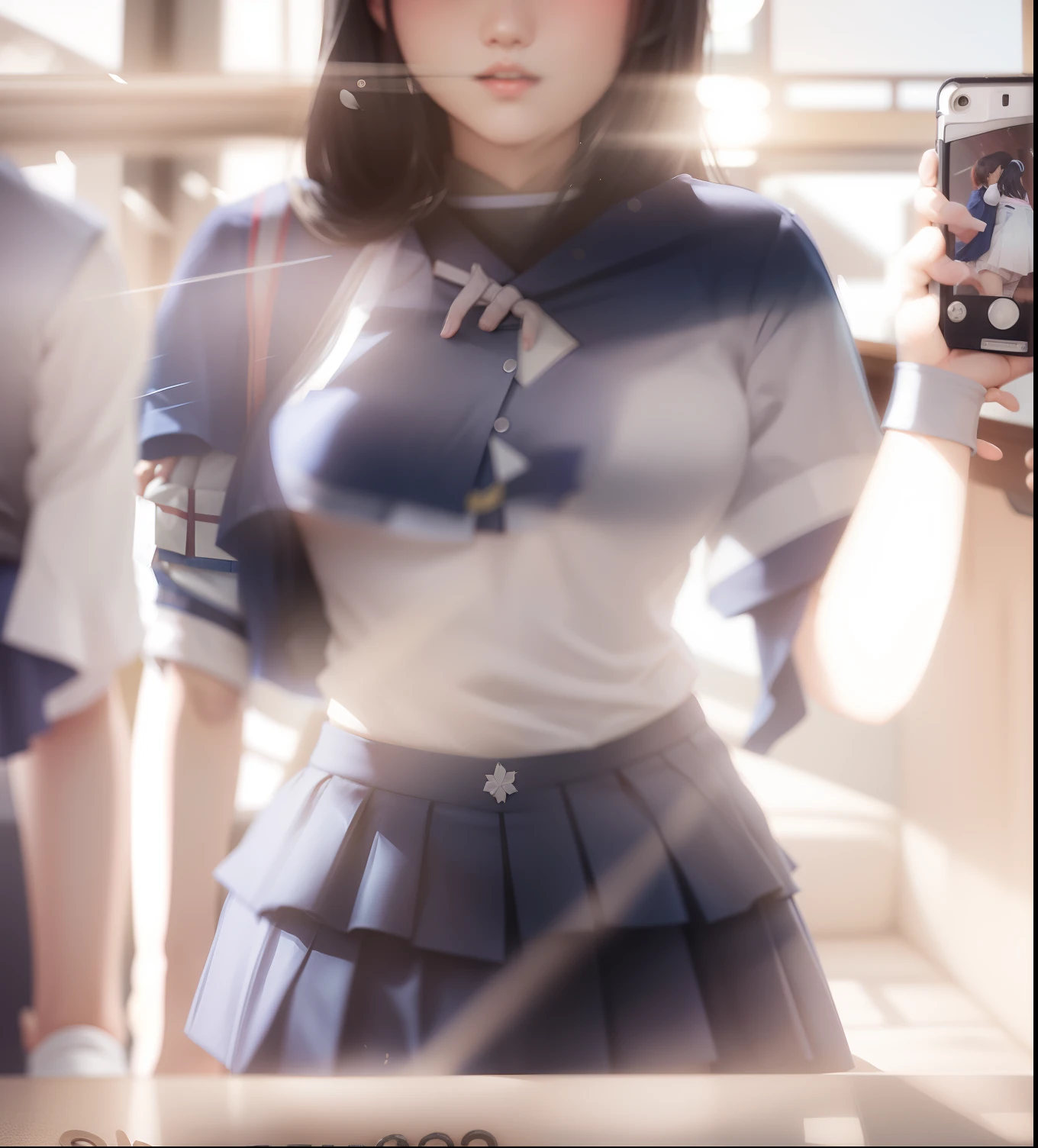 japanes High school students a beauty girl 校服 skirt by the The skirt is twisted Dark blue skirt White uniform