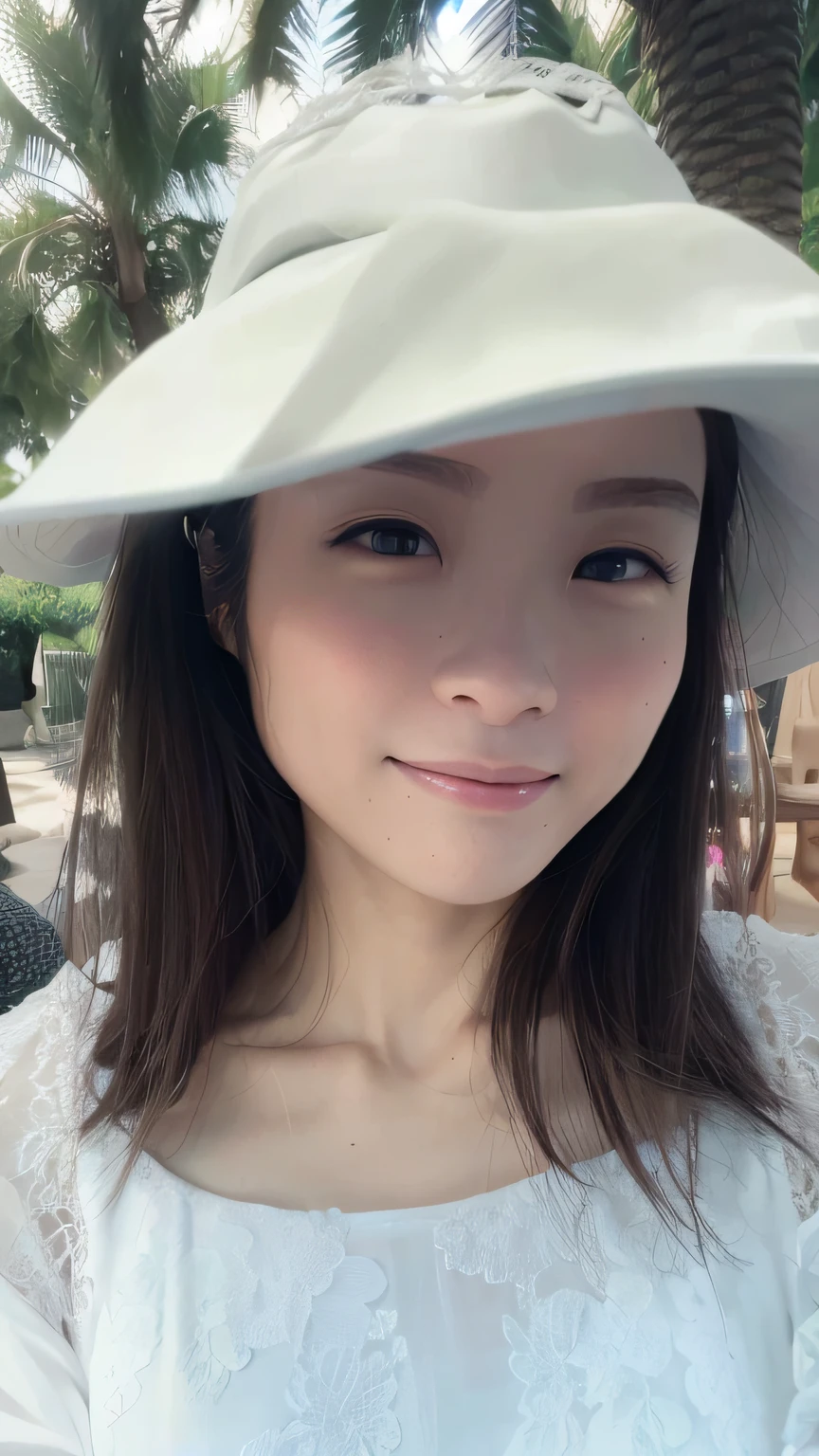 Real idea，Chiaroscuro，hyper HD，Chinese girl in white hat and white dress, 25 age old，wearing a travel hat