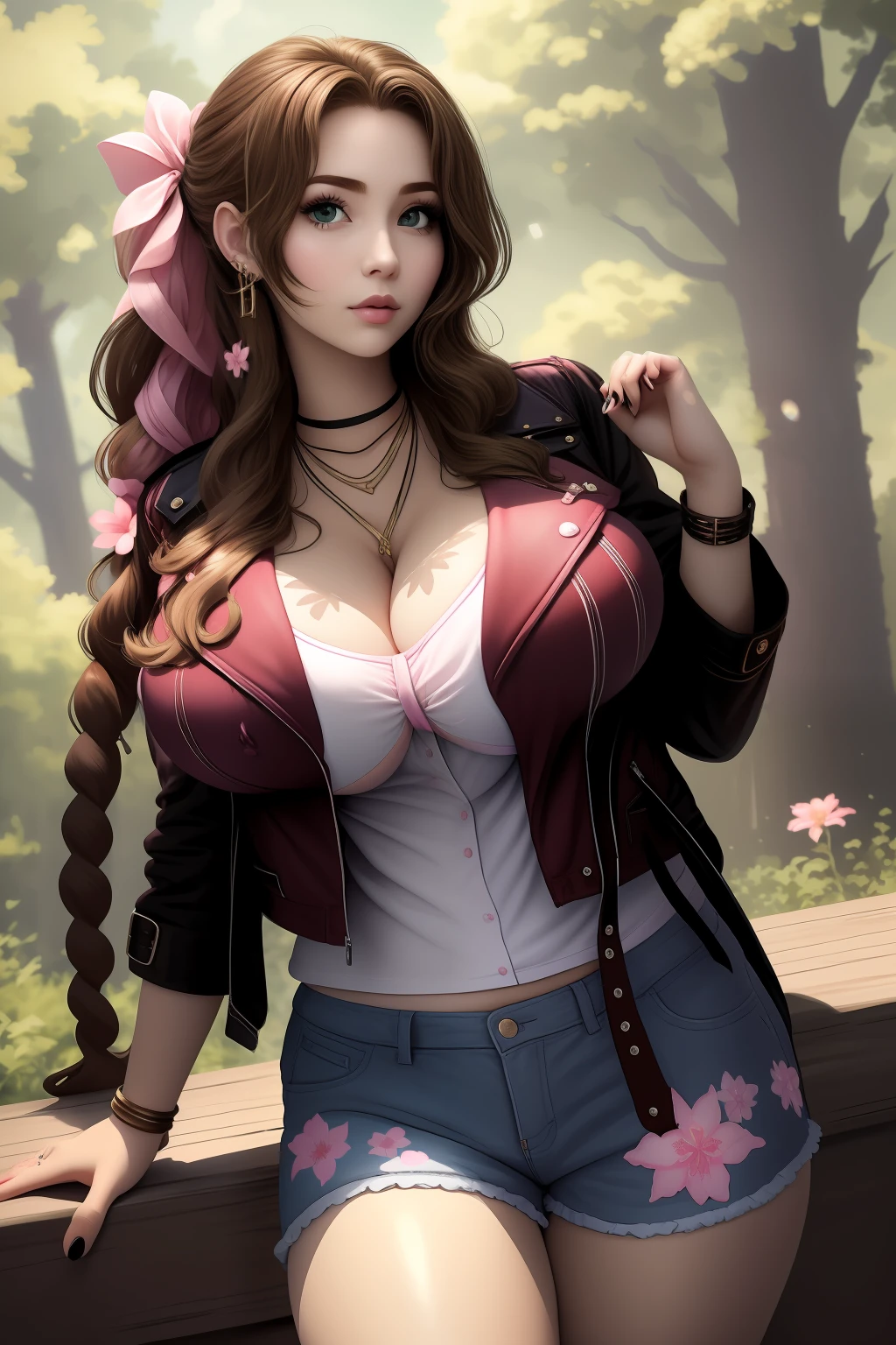 (best quality,masterpiece),superlative beautiful detailed face,age 30,adult woman with (gigantic breasts:1.6),In Harajuku shorts with (ill fit Harajuku pink T-shirt)(aerith gainsborough),(curvy),Decora Accessories,choker, cropped jacket,hair bow, bracelet,very long hair, hair ribbons and clips,cute and sexy,(Harajuku brown,red, and pink flower theme with flower effects)