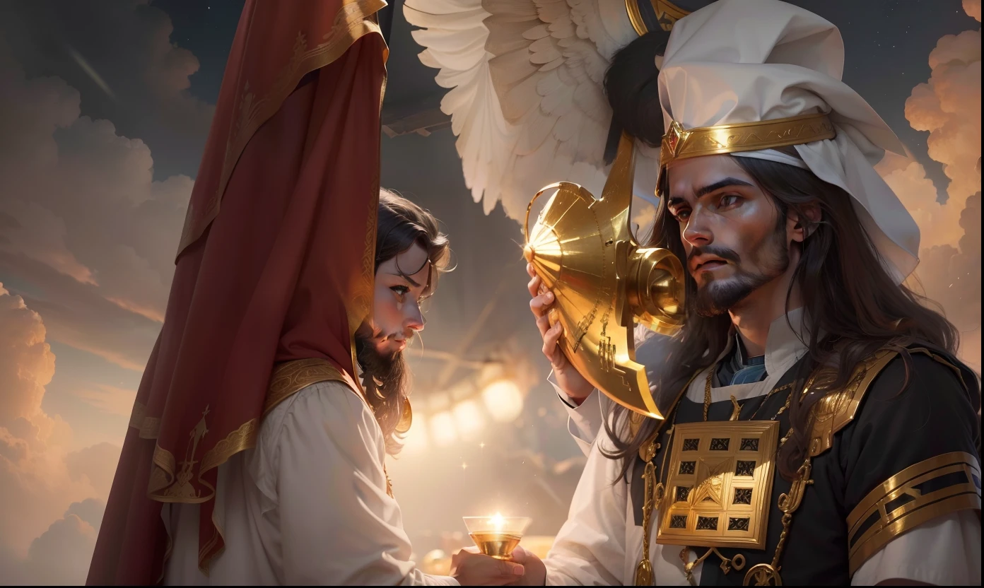 Jesus Cristo com aspecto resplandecente com roupas de sacerdote, ao seu lado querubins de ouro puro. Imagem celestial, Image with very high lighting quality, Very high resolution image, image with very high coloration, imagem hiperdetalhada, imagem hiper realista