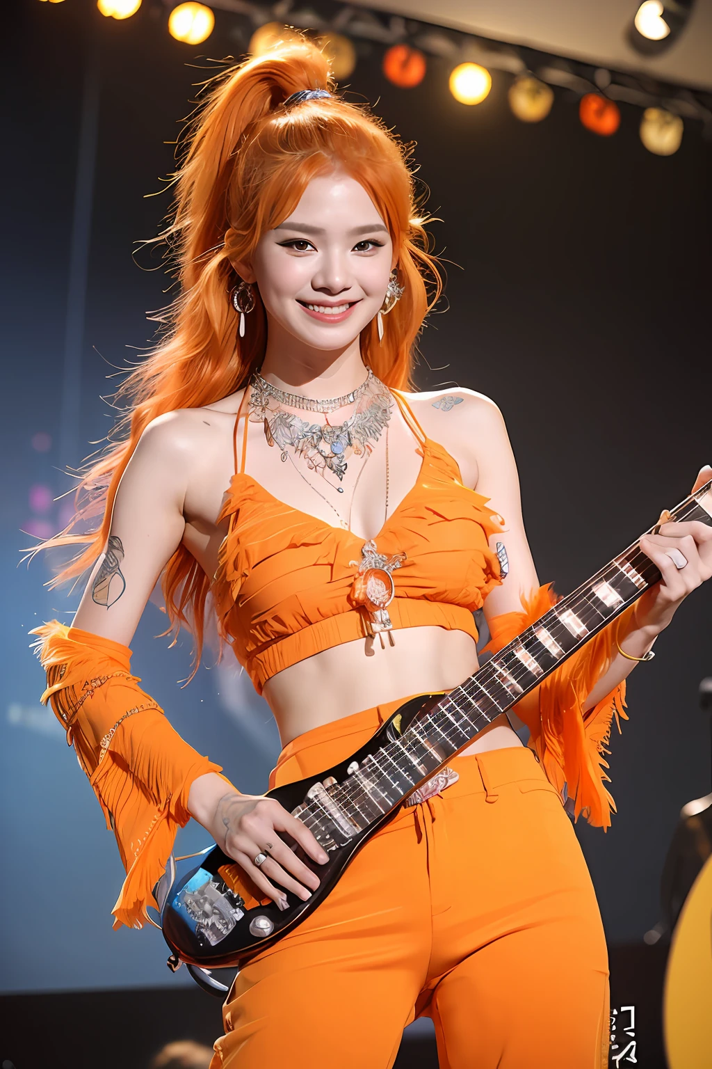 (extra detailed body、extra detailed face、best qualtiy:1.2)、femele、looking at the viewers、(Orange hair、Flashy clothes、 student、a smile、Feather piercings down to the bottom of the shoulder、hippy、hair adornments、Fancy Necklaces、Trumpet pants)、(Woodstock、guitar:1.4)