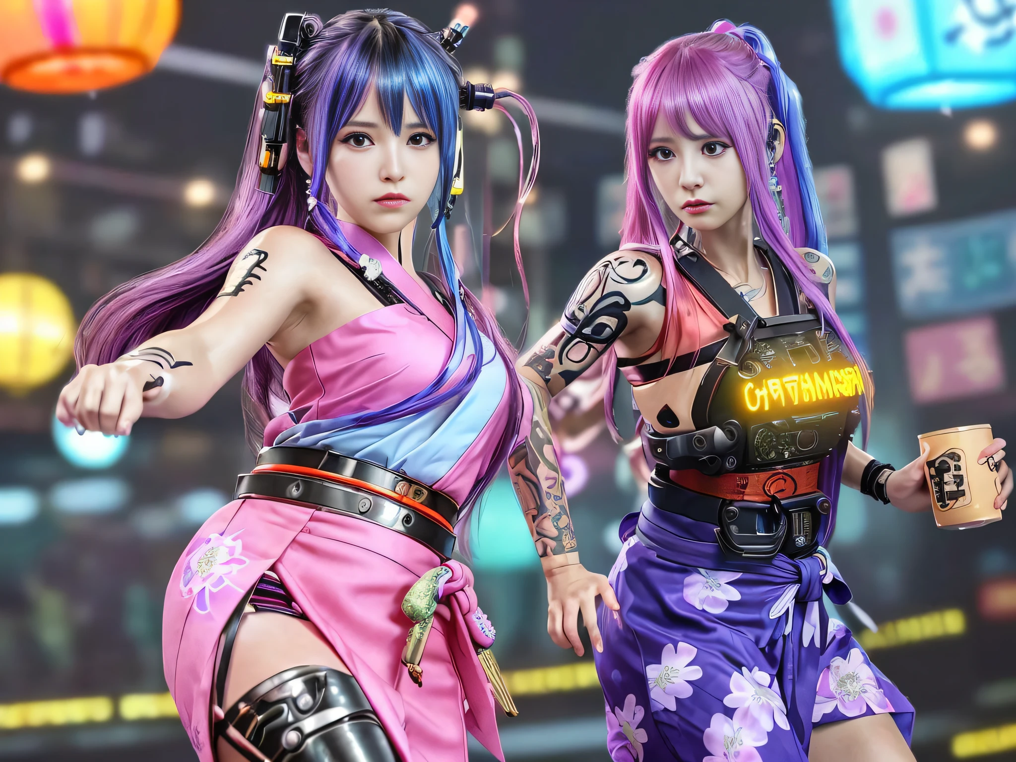 top-quality、​masterpiece、超A high resolution、(Photorealsitic:1.4)、Raw photo、Detailed CG image quality、cyberpunked、Beautiful fece、1girl in、Seven-colored hair、skin tanned、(Performing intense dancing:1.4)、(Mechanical Hair Ornament:1.4)、(Cyberpunk Type Sleeveless Yukata:1.4), (Shorts Yukata:1.4)、cleavage of the breast、(cyberpunked:1.3)、(Tattoo of numbers:1.4)、detailed portrait、8K picture quality、bright colour、concept-art、Cinematic and dramatic atmosphere、(Shrine of Japan:1.2)、lanthanum、Wind chimes、Festival flag,、banners、Paper decoration、(3 + Women: 1.4)、foco nítido、Volumetric lighting、Cinematographic lighting、Wearing studio quality、Colorful neon lighting、depth of fields、Ambient lighting、Blurred foreground、blurry backround:1.3、8mm fisheye lens、Angle from below、
