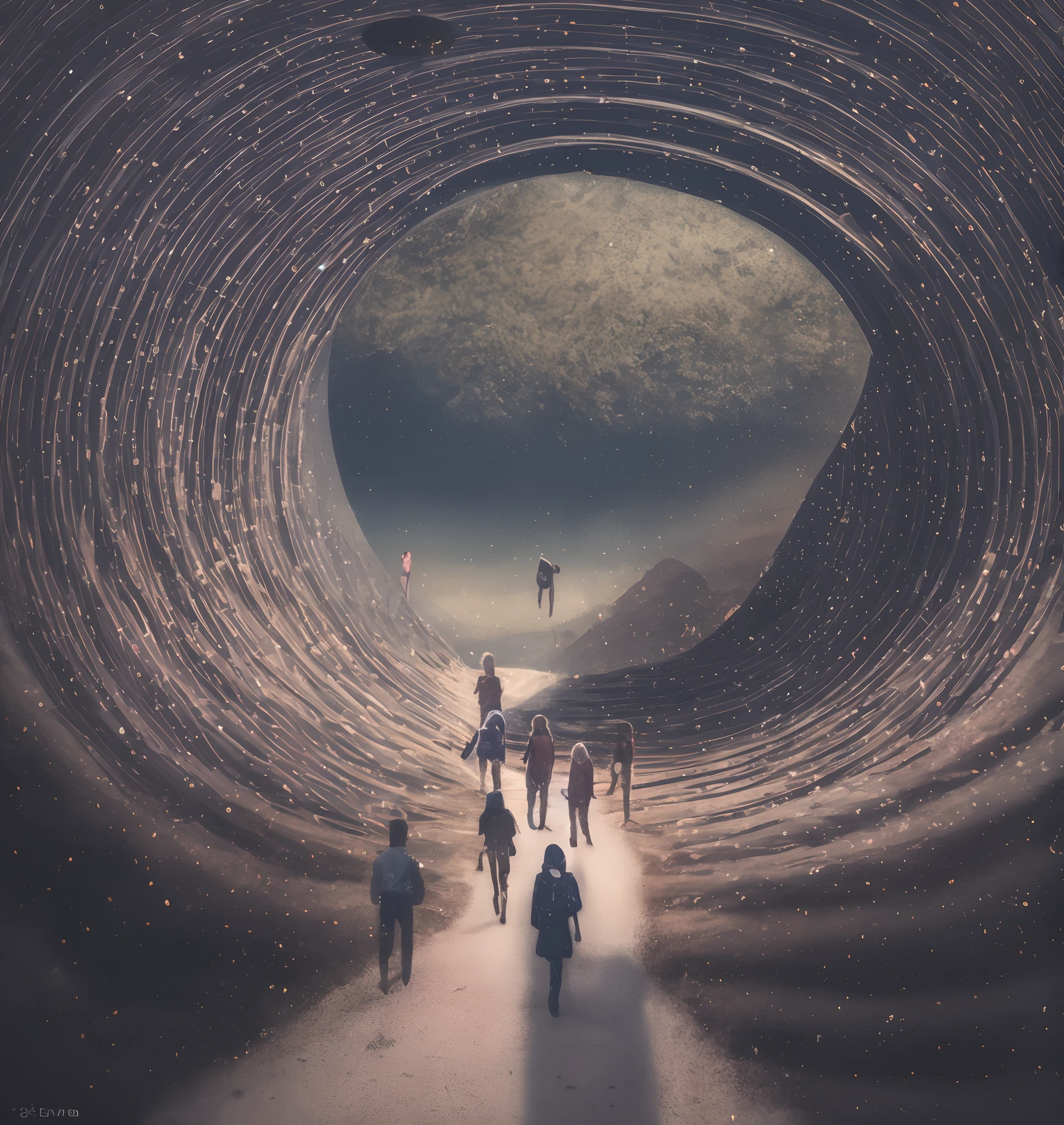 Digital art of a group of people walking on a road with a purple swirl, surreal collage, collage style joseba elorza, tunnels lead to different worlds, portal to another universe, vortex portal banish the elders, portal to another dimension, interstellar infinity portal, world seen only through a portal, portal to outer space, open portal to another dimension.bgill55_art