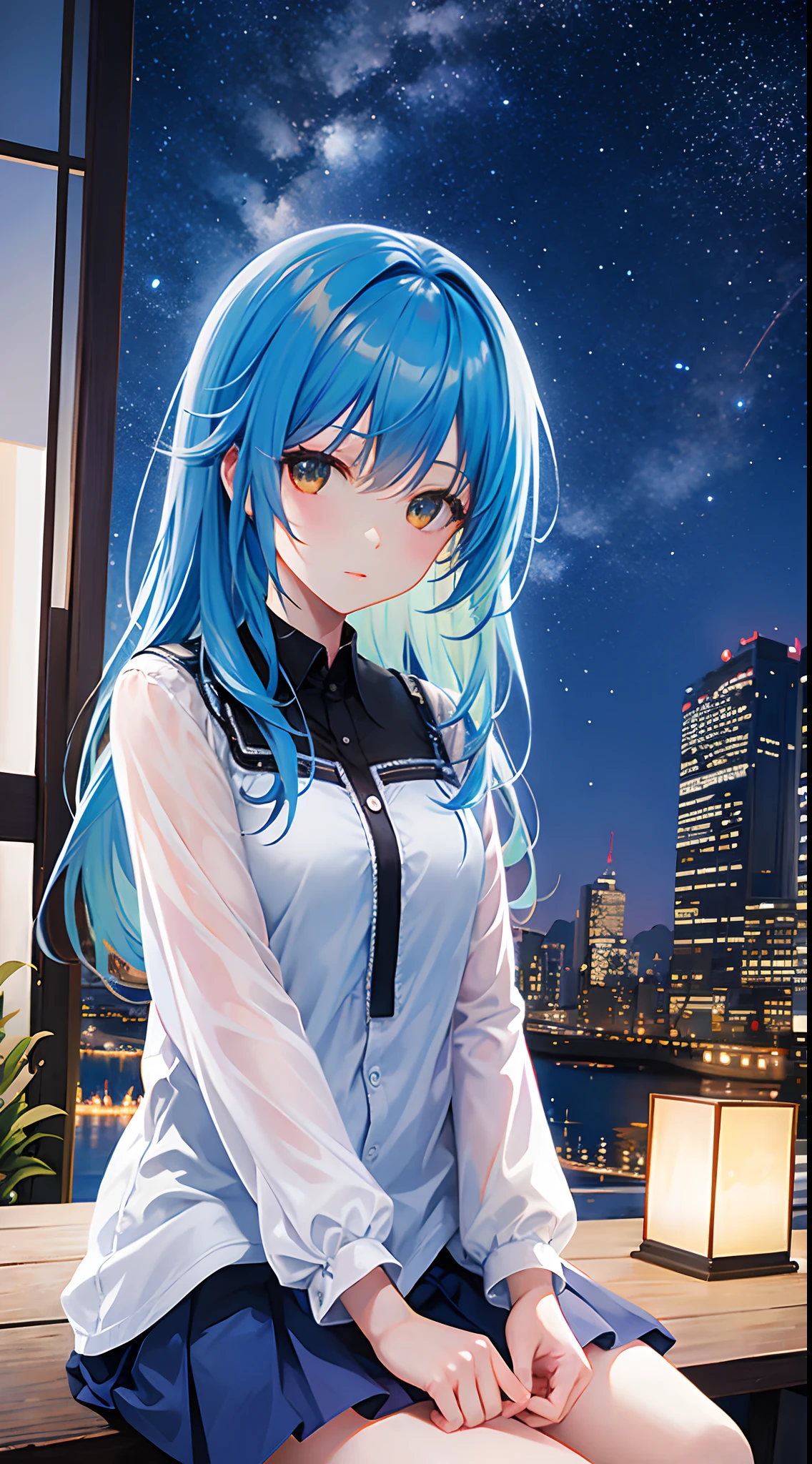 octans, sky, star (sky), scenery, starry sky, night, 1girl, night sky, solo, outdoors, building, cloud, milky way, sitting, tree, long hair, city, silhouette, cityscape