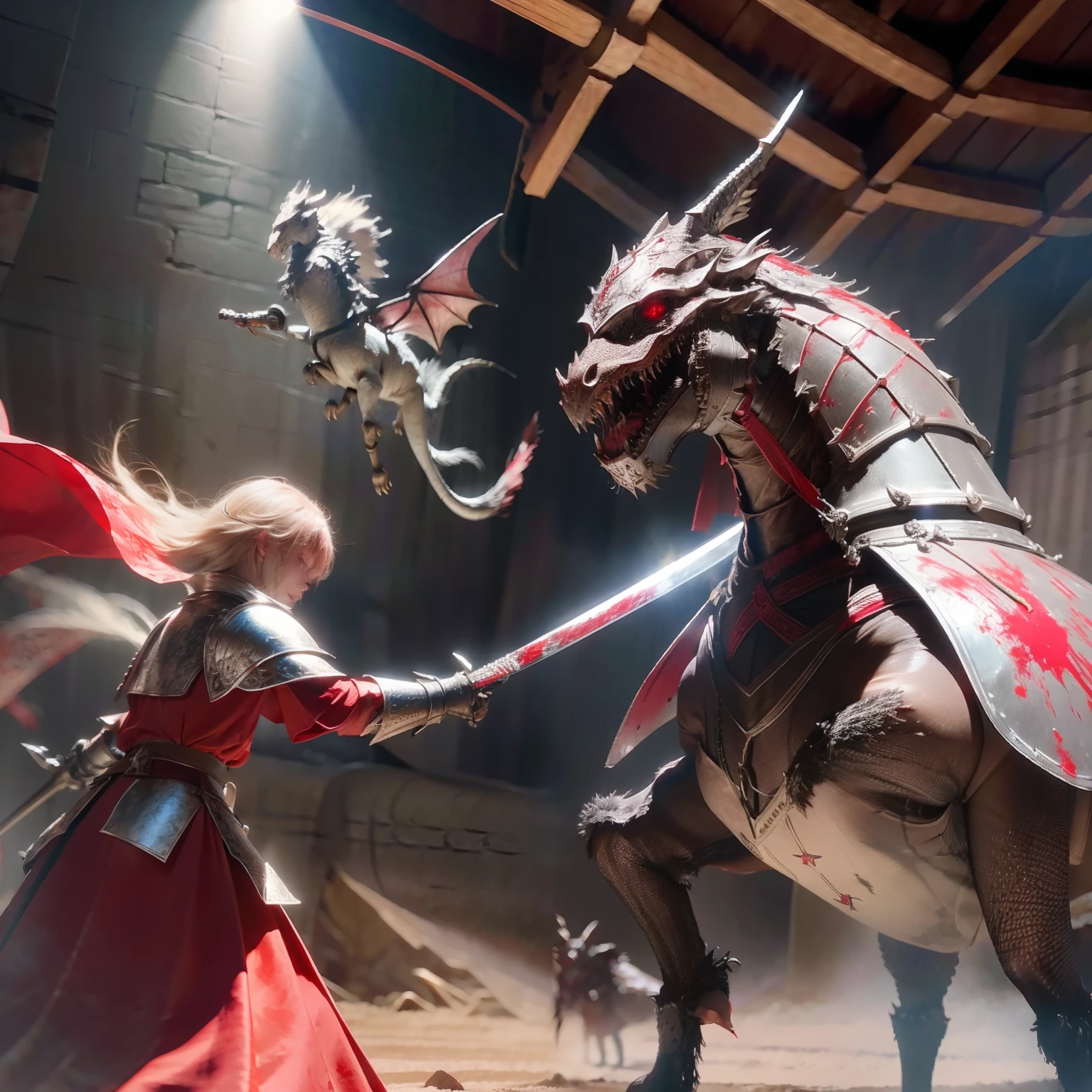 On the barren battlefield,The knights were covered in blood-stained armor,Swing the silver sword,Face off against a crimson magic dragon in the air
