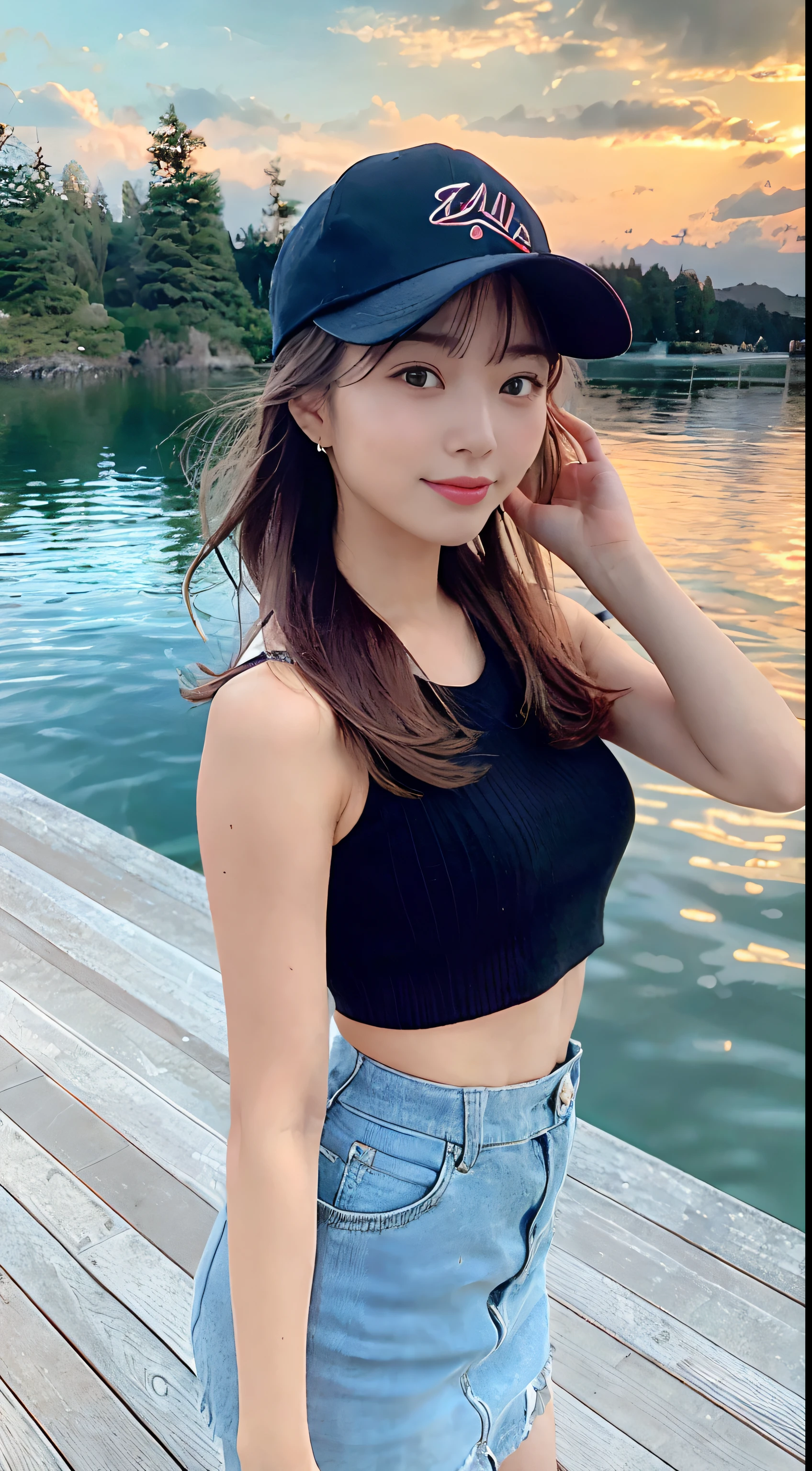 A beautiful woman standing on a pier by the lake, One hand is close to the face and the hand is sticky, shot from afar, Medium hair, flipped hair, Wavy hair, baseball cap, Beautiful blue lake, (Masterpiece: 1.1), (8K, RAW photo:1.2), (Best quality: 1.1), Black and gray fishing vest like life jacket, Fishing