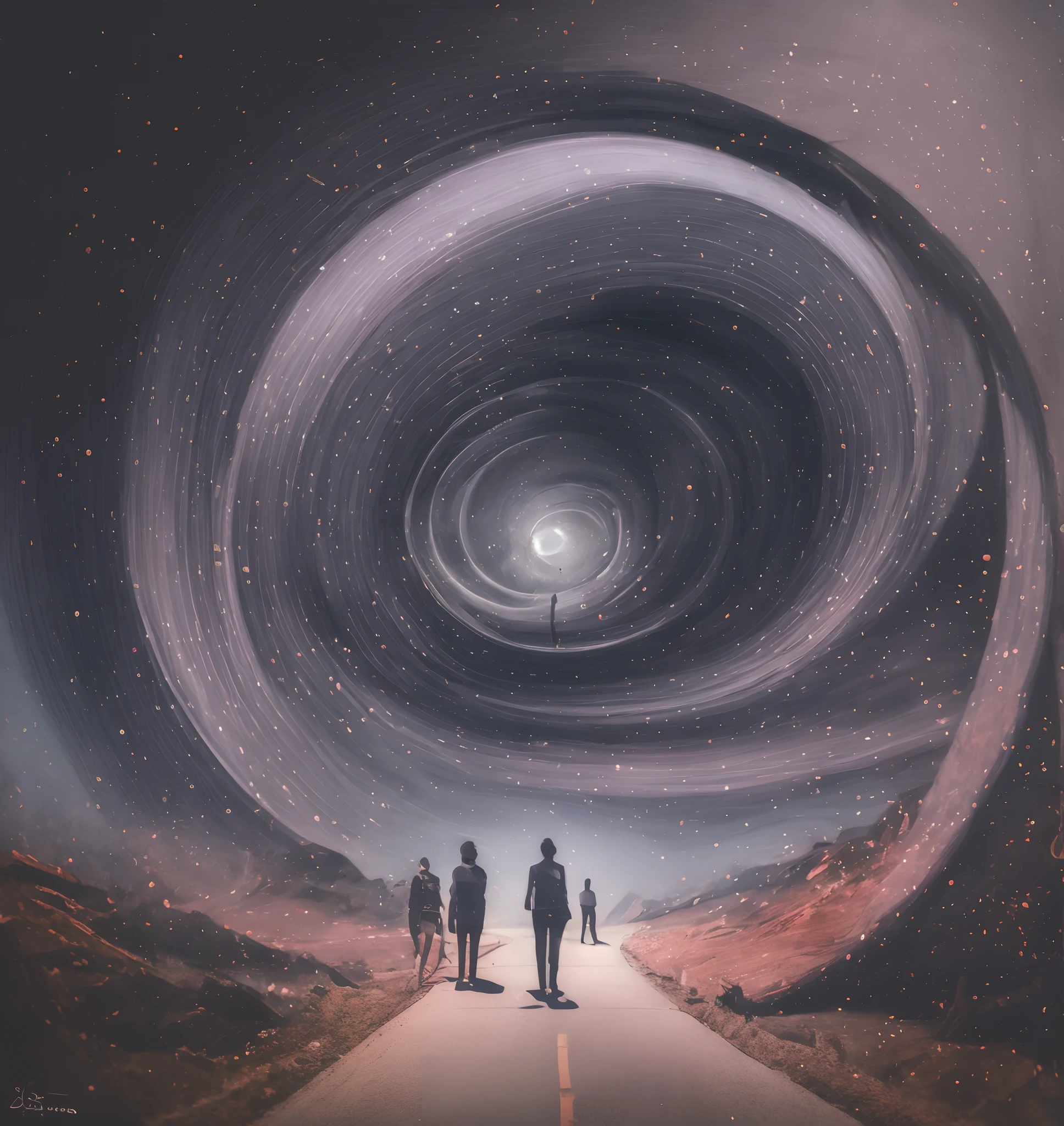 Digital art of a group of people walking on a road with a purple swirl, surreal collage, collage style joseba elorza, tunnels lead to different worlds, portal to another universe, vortex portal banish the elders, portal to another dimension, interstellar infinity portal, world seen only through a portal, portal to outer space, open portal to another dimension.bgill55_art