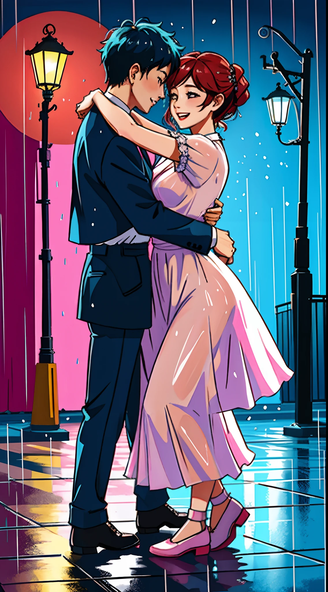happy female-female couple, dancing in the rain, looking at each other, wholesome, dancing together