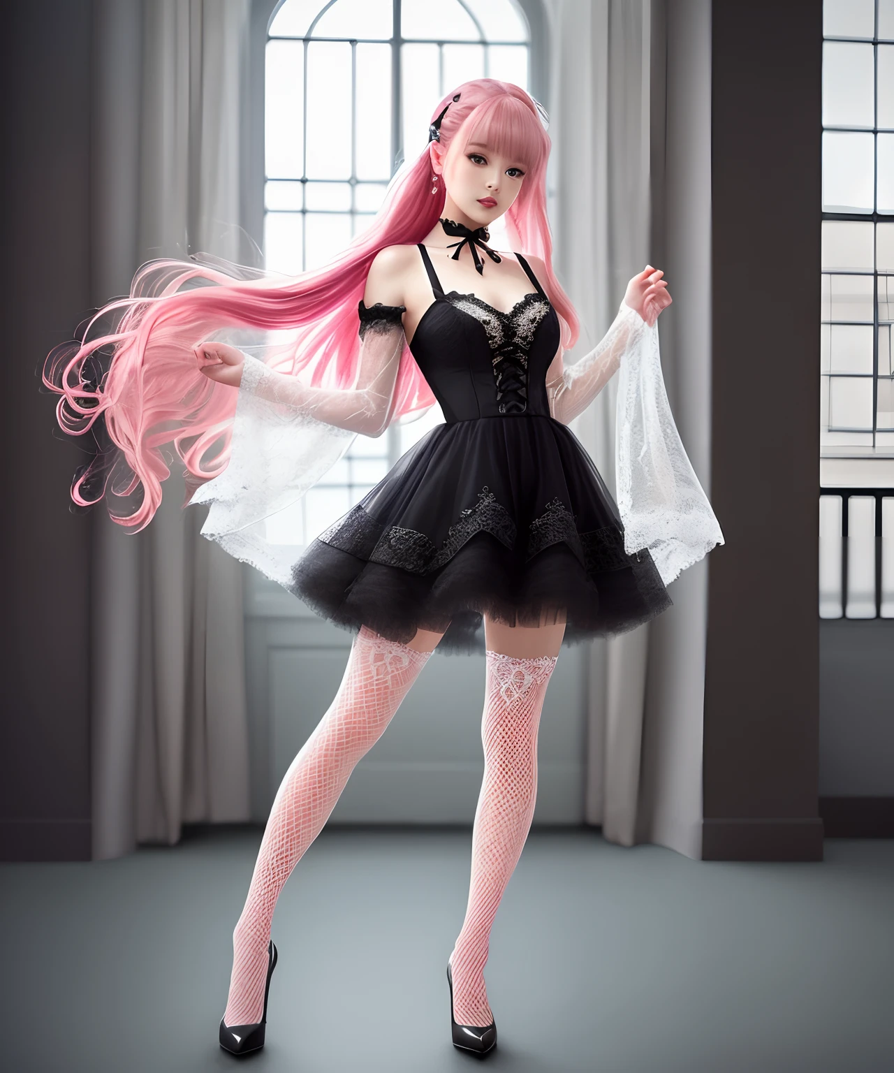 double tails, frill dress, Lace, ribbon, lipstick, Pale skin，A pink-haired，A bell hangs around his neck，（C cup）the golden ratio。(Ultra-thin white sheer lace：1.4，Black Full Leg Stockings：1.2，）Full body photo，Ultra-thin light transmission。pony tails。（Kizi，Shallow tulle，Tulle transparent clothes）。（cute  face），（sexyposture）nedium breasts，pink lace，A pink-haired。Long hair。Pink Long Hair，Two braids。He wore a thin red cord on his hand。Juvenile。adolable。Pure desire。seductiv。Raised sexy。Long pink hair。Smooth hands。Short legs。One meter five four。Full body photo