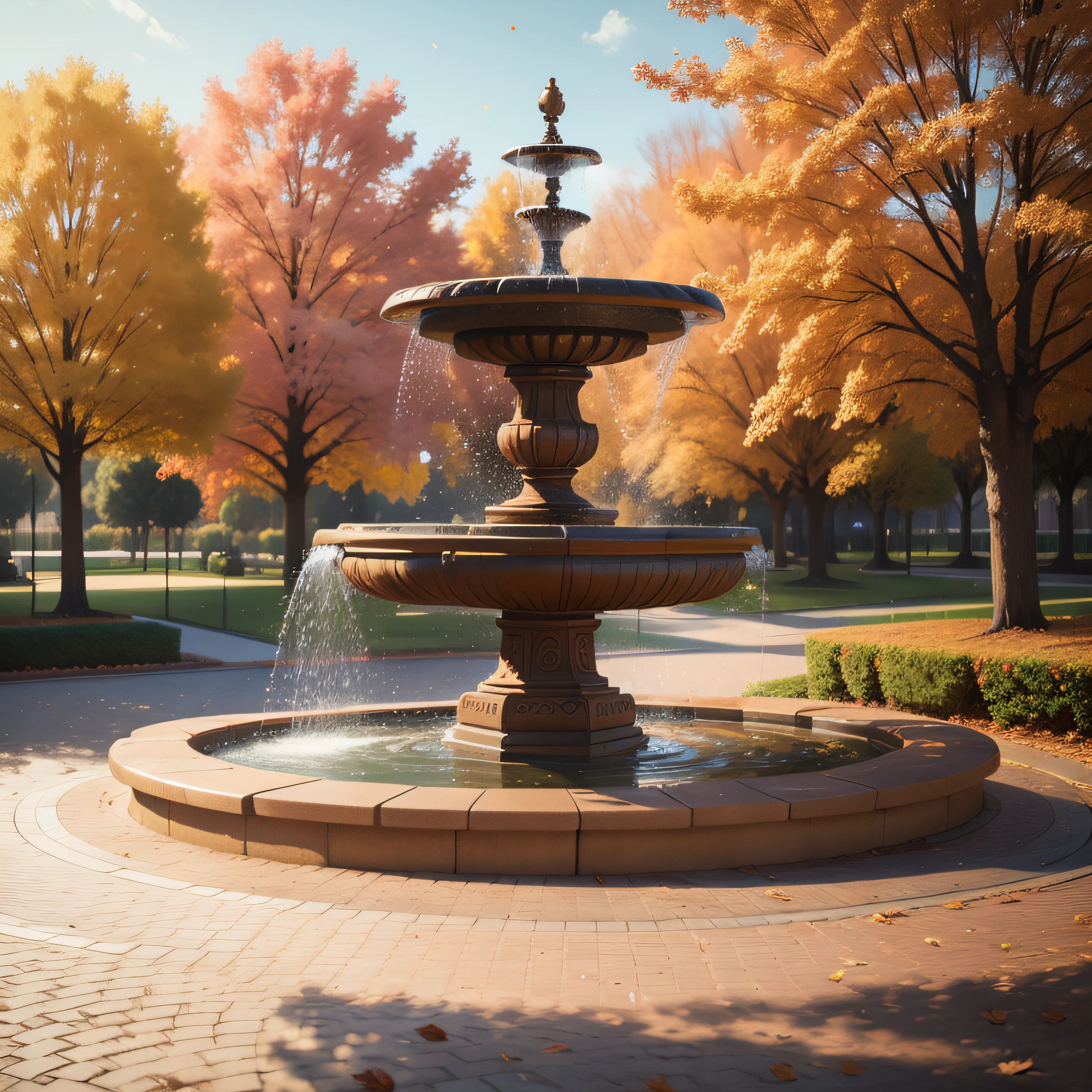 park, benches, fountain, autumn, realistic photo, beautiful golden autumn, realistic photo 8K, 4K, HDR