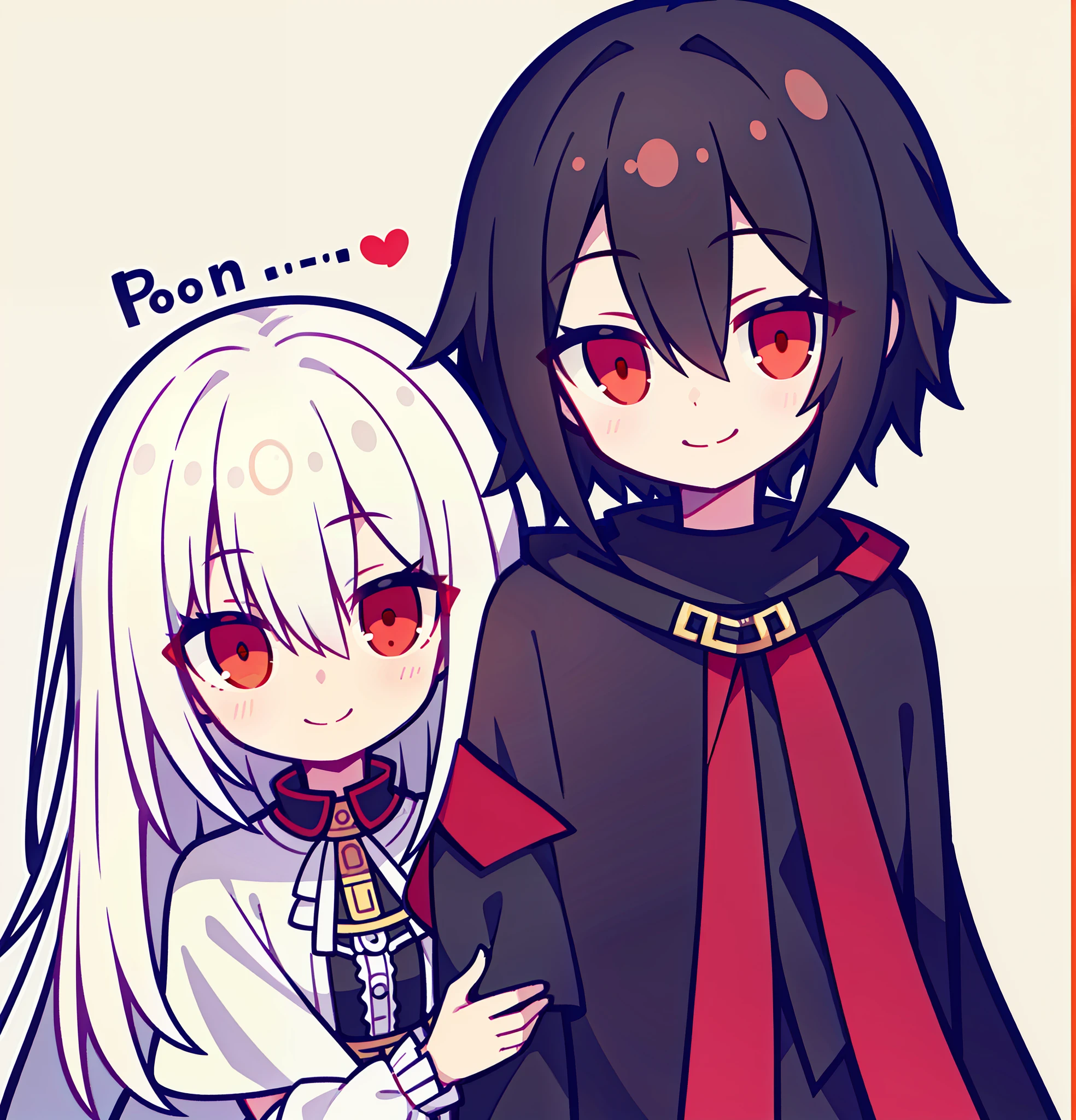 Short black hair,Red-eyed boy and a girl with long silver-white hair and blonde eyes,Five fingers,A slight smil,Hair fluttering slightly,Leaning together,Wear a cape,Look at each other