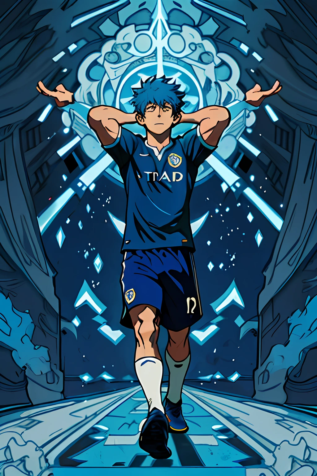 The Alafed man in a blue shirt stretched out his arms, soccer player, manchester city,SENSE OF CINEMA,rim-light,a sense of atmosphere,looking threatening