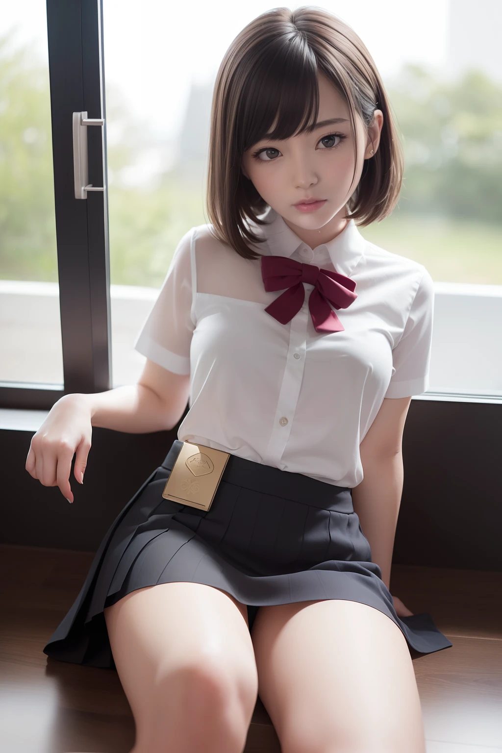 (masuter piece:1.3)、(8k、Photorealsitic、RAW Photography、top-quality: 1.4)、(1girl)、beautiful countenance、(lifelike face)、(A dark-haired、short-hair:1.3)、Beautiful hairstyle、realisticeyes、Beautiful details、(real looking skin)、Beautiful skins、(Mini skirt school uniform)、absurderes、enticing、超A high resolution、A hyper-realistic、high-detail、the golden ratio
