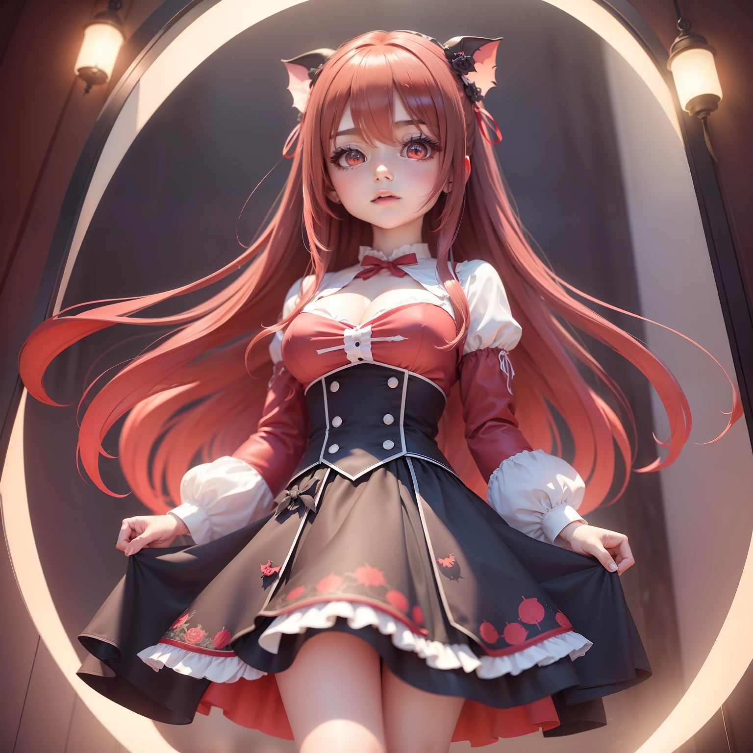 1girll,adolable,美丽细致的眼睛,Delicate and intricate skirt,The shiny hair of the clothes is carefully depicted,visible through the hair,Hair between the eyes,Red monochrome,brunette color hair,red - eyed,Vampires,teens girl,gigantic cleavage breasts,Lolita skirt, short, nigth,starrysky,Red Moon,Little bats can fly,luster,diffused reflections,goth style,A high resolution,Magic Array