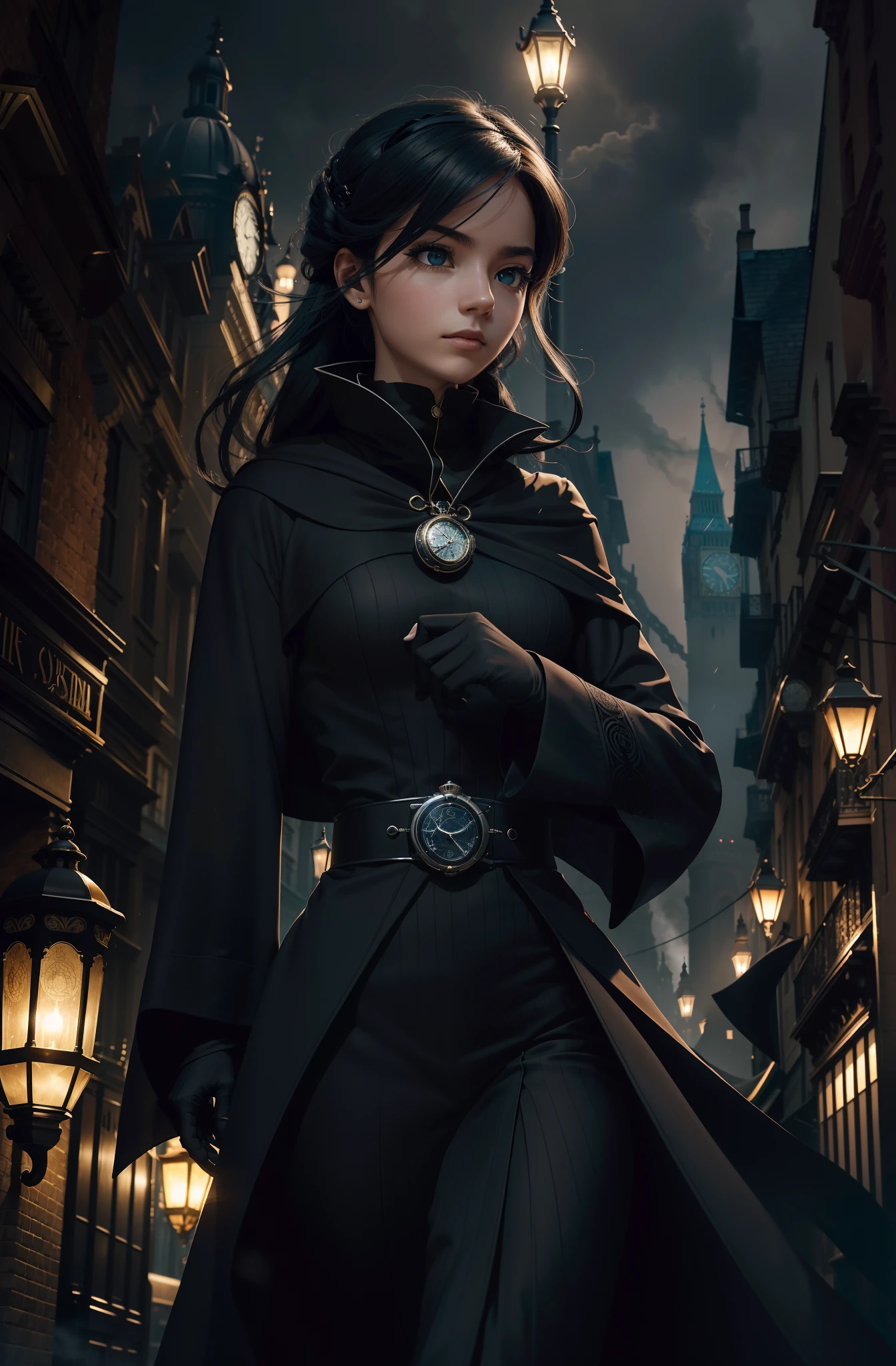 Enigmatic young anime character navigates the dark paths of nighttime London. Coberto por um elegante sobretudo, its ebony fabric swells like the tendrils of the night itself, as they glide over the millennia-old cobblestones. Sob o manto, A meticulously tailored suit weaves a symphony of intricate patterns, cada ponto um sussurro de enigma. Dark gloves cover hands, a tactile enunciation of hidden intentions.In the heart of the city, obscured by a dense shroud of mist, Iconic landmarks dissolve into the abyss, while the ethereal glow of the twinkling gas lamps casts an almost supernatural glow. The shadows dance with a sinister grace, choreographed by an invisible hand, adding to the prevailing air of mystery.In the middle of this atmospheric screen, os olhos do personagem brilham como obsidiana polida, reflecting unwavering determination and inscrutable purpose. Your pocket watch, A relic of occult motive, Captures and releases ephemeral flashes of ligh.