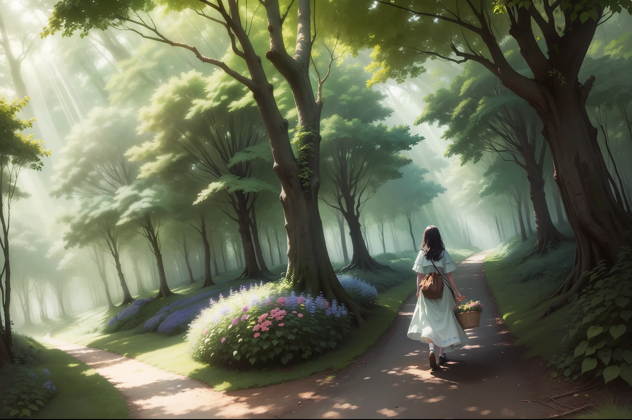 Back view of a girl ascending an slight slope through a forest. She holds a basket of flowers. Hair on the wind. Rays of light filtering through the trees. Green trees intertwin their branches over the path. Bushes and some flowery plants under the trees. Colourful image. Highly detailed. Ray traicing.