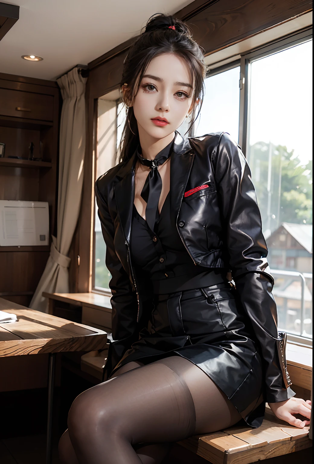 Exquisite、masterpiece、beautiful detail、Colorful and delicate details、Delicate lips、intricate detailes、large full breasts、Cool black sunglasses、1人の女性、(Beautiful 20 year old cute woman:1.1)、(50mm Sigma f / 1.4 ZEISS Lenses、F1.4、1 / 800 sec、ISO 100、a picture:1.1)、(poneyTail+Brunette 1.2)、(Photorealsitic:1.4)、(Spy:1.2)、(Open jacket、The shirt、skirt by the、neck tie、Black pantyhose、 Christian Louboutin\(Branding\)、:1.3)、耳Nipple Ring、a necklace、arm band、(Izakaya、bars:1.2)、(beauty legs、High Girl、skiny、slim_Legs、Thigh_the gap、modeled:1.2)、Flare from the front、(cool expression)、Dynamic Poses、(makeups:1.2)、(Sitting in a large office boss chair))