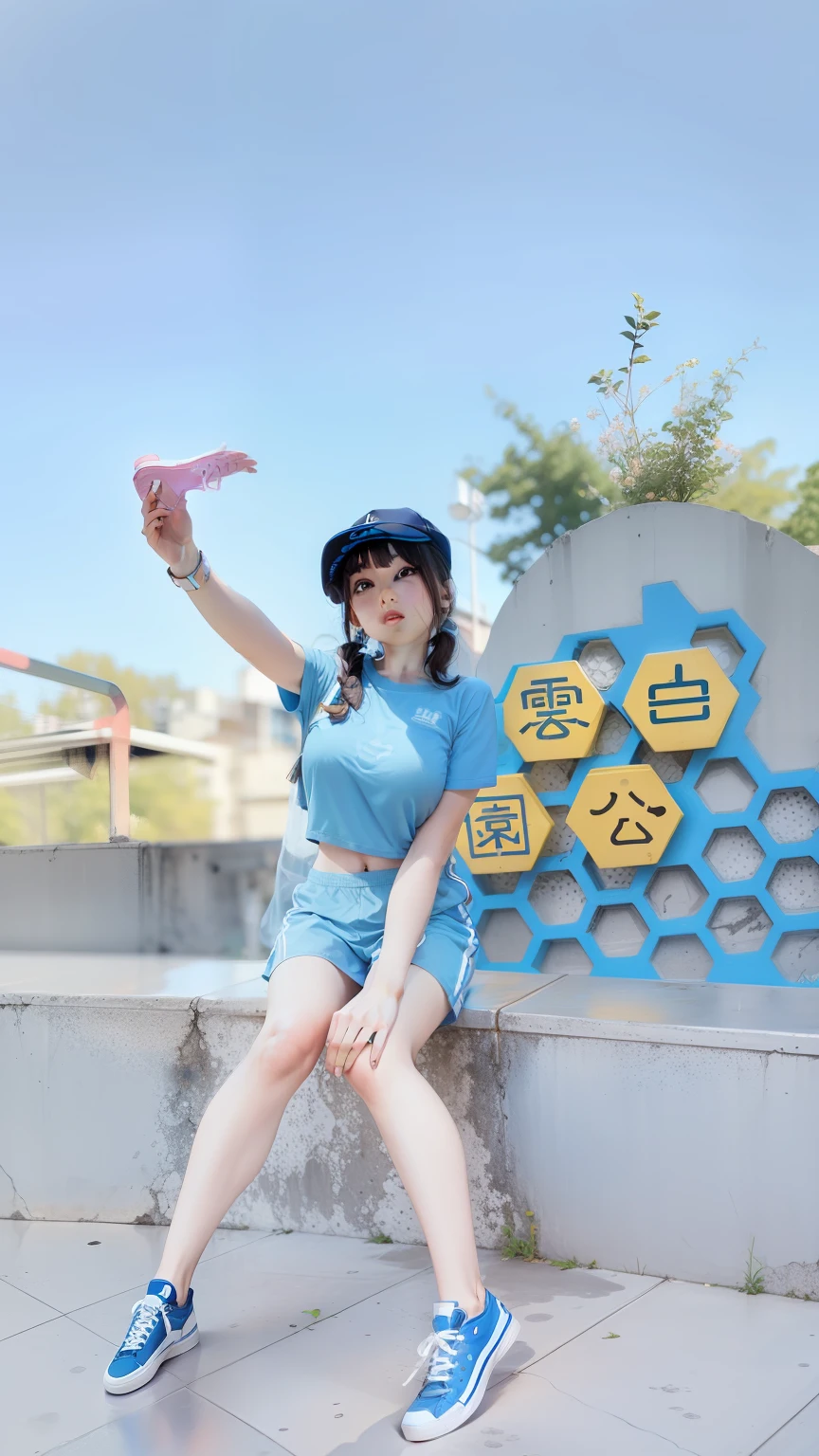 Blue and white sneakers