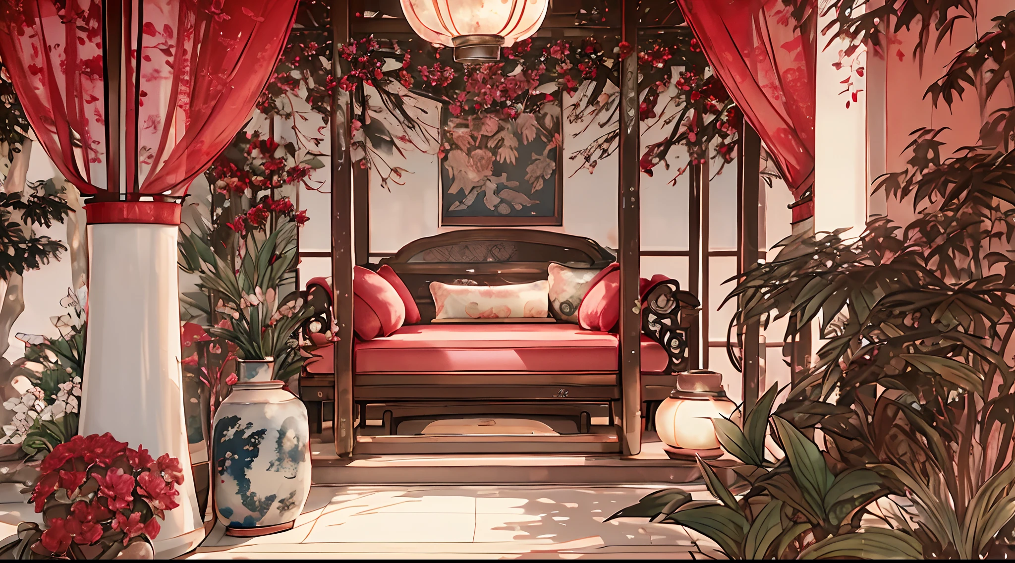(antique interior design), Chinese home furnishings, round porch, depth, symmetrical design, ((antique carved door beams, carved beam paintings, tables and chairs, bonsai, vases, porcelain, trees, flowers, Chinese lamps, embroidery, screens, beds, cushions, red sand curtains)), exquisite home, rich details, ancient Chinese Ming dynasty style, quiet and elegant atmosphere, red tones as the keynote, exquisite and soft painting style, cinematic lighting effects, HD picture quality, soft light, Tyndall effect, dreamy, rich details, Reference Gu Kaizhi, 32k, high quality, high resolution, (very detailed CG unity 8k wallpaper)