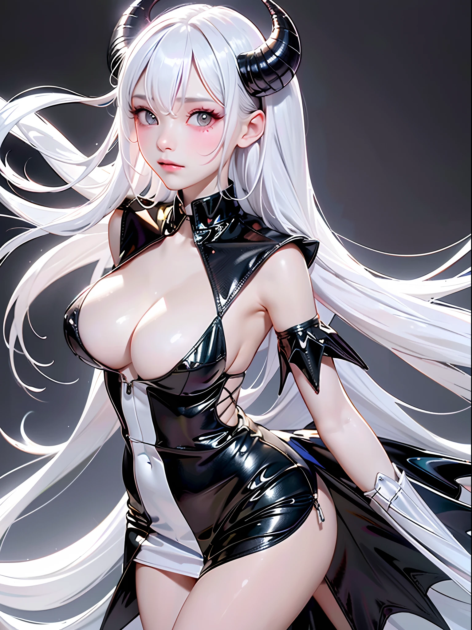 1girl, huge breast,hands on own breast, breast focus,Breast kneading, solo, horns, long hair, albedo (overlord), wings, large breasts, dress, hip vent, black wings, white gloves, gloves, looking at viewer, black hair, white dress, bare shoulders, hair between eyes, yellow eyes, feathered wings, demon horns, smile, feathers, demon girl, cleavage, slit pupils, detached collar, bangs, very long hair, closed mouth, black feathers, cowboy shot, covered navel, elbow gloves, white horns, standing, demon wings ,