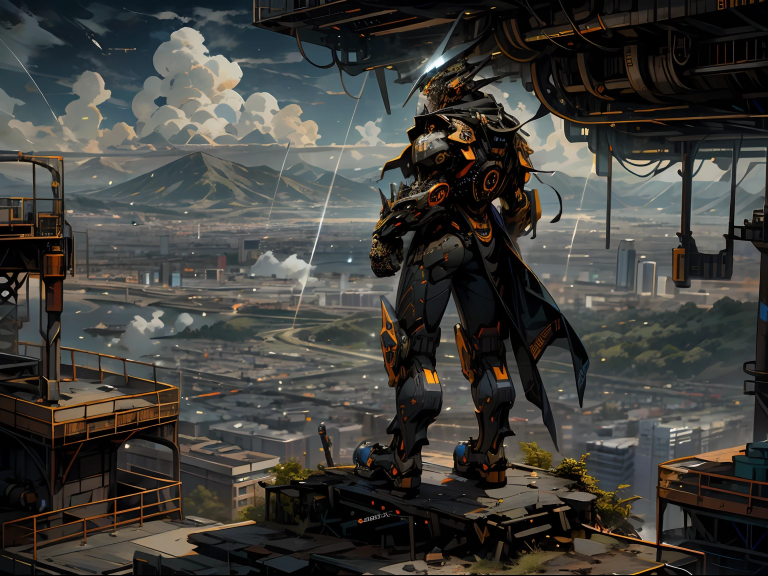 cyborg standing on mountain overlooking city under dark sky, in the style of cyberpunk, photo-realistic landscapes, dark blue and orange, national geographic photo, steelpunk, high quality photo, anime-inspired characters