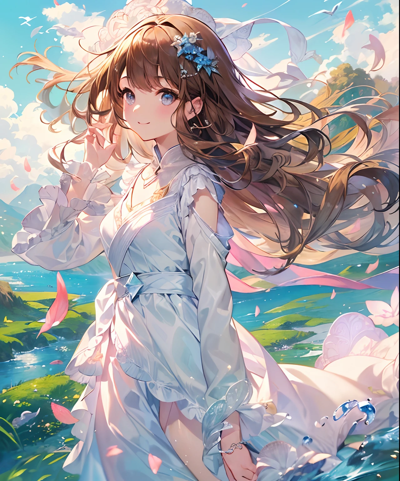 (((masterpiece)))、(((top-quality)))、((ultra-detailliert))、(illustratio)、((extremely delicate and beautiful))、A smile、floating、Brown hair、(Detailed light) (1girl in)、、独奏、The long-haired、The wind is blowing、A WORLD、In nature、blue-sky