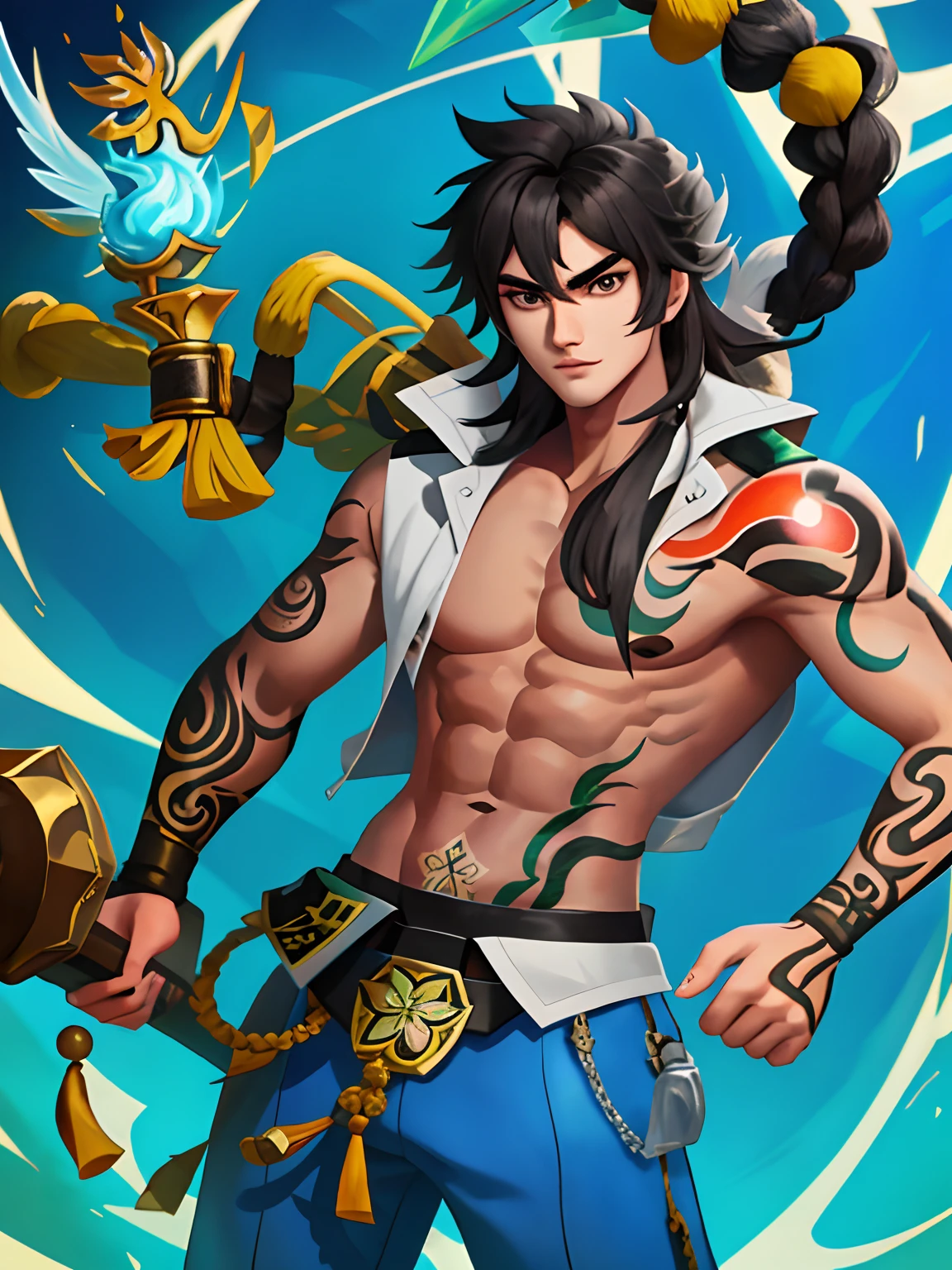 tmasterpiece, Need, A boy named Zhang Fei, Hairy black hair, With a tattoo,Naked in vivo,Exposing the