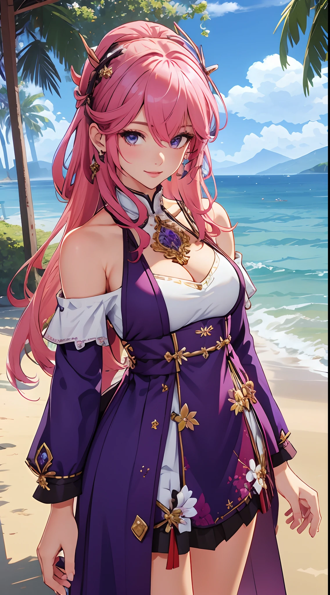 ( Best quality, tmasterpiece:1.5), (photograph realistic, Intricate details:1.2), 超高分辨率,(Close-up:1.5), 1girll, Beautiful face, Detailed eyes,light in face, mini-skirts,ssmile,(cleavage:1.5)long whitr hair,(Purple eyeballs:1.5),A pink-haired,(Off-the-shoulder attire:1.5),(Bigchest:1.5)(cleavage:1.5),perfect body figure,looking at viewert,(sea beach,outside,Ultra-detailed background:1.2)