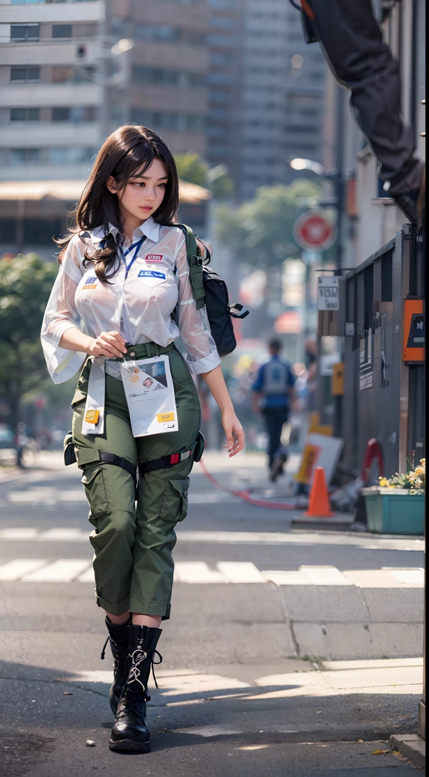 A Japanese woman walking in the city，Buildings，A plant，ssmile，Mixed Korean，The background is blurred out，focal，电影灯光，(((tmasterpiece))), ((best qualtiy)), ((Complex and detailed)), ((ultra-realistic realism)), Ridiculous resolution, A MILF, Mature woman, ssee-through, highly  detailed, illustratio, 1girll, (huge tit), Thin waist and thick hips，long leges，beatiful detailed eyes, short detailed hair, brunette color hair, a purple eye, (Field worker uniforms:1.2),Labor protection service，Protective shoes，cargo pants，Construction personnel，Personal website，Repairman clothes，Safety helmet，Construction suits，Construction site uniforms，（underdressing）, pantiess, detailed back ground, perfect  eyes, Seductive eye, looking at viewert, From the front，Wear light，