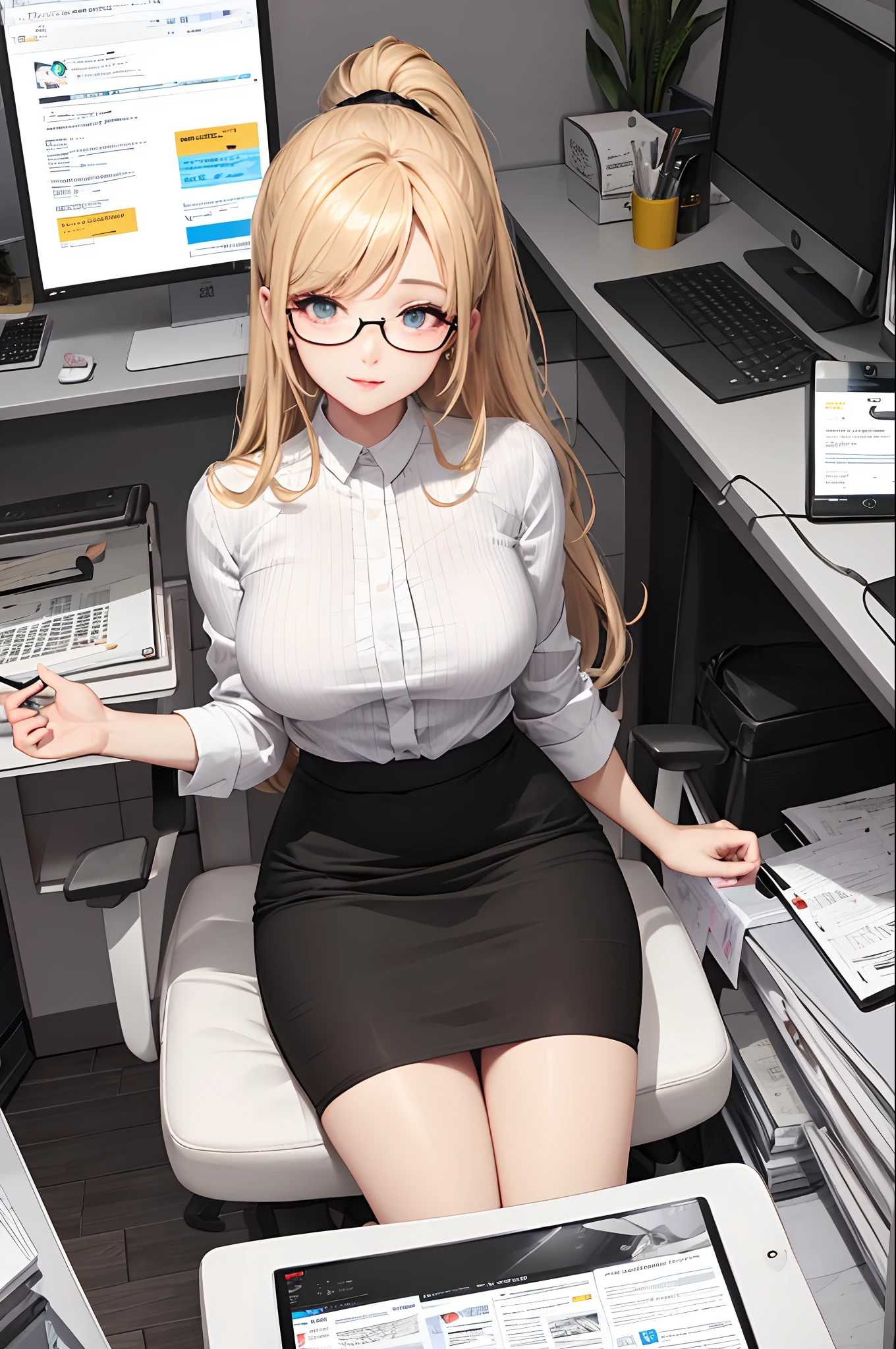 (((tmasterpiece,HighestQuali,accuracy,hyper-detailing)))),((modern day)),((the original god))))),((Plump body))),breaking,((White color blouse)),breaking,((Black and pencil skirt)))),breaking,(((Black over-the-knee tights))))),(Blonde hair, high ponytail hair),(Put your hands on your big)))),(Design office)),(Computer on stylish desk)),BREAK BREAK BREAK,((Sitting in a black office chair,Put your legs together))))),ssmile,(eye glass))),(tilts your head)))), light wind,((Eye)),dynamic angle,From above