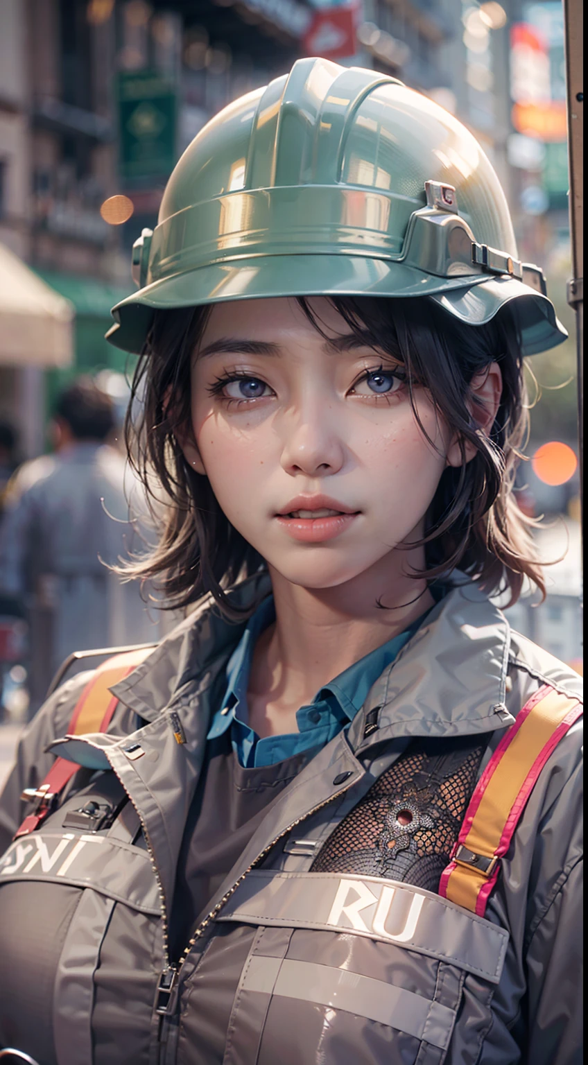 A Japanese woman walking in the city,Buildings,A plant,ssmile,Mixed Korean,The background is blurred out,focal,电影灯光,(((tmasterpiece))), ((best qualtiy)), ((Complex and detailed)), ((ultra-realistic realism)), Ridiculous resolution, A MILF, Mature woman, ssee-through, highly detailed, illustratio, 1girll, (huge tit), Thin waist and thick hips,long leges,beatiful detailed eyes, short detailed hair, brunette color hair, a purple eye, (Site worker uniforms:1.2),Labor protection service,Protective shoes,cargo pants,Construction personnel,Site personnel,Repairman clothes,Safety helmet,Construction suits,Construction site uniforms,(underdressing), pantiess, detailed back ground, perfect eyes, Seductive eye, looking at viewert, From the front,Wear light,