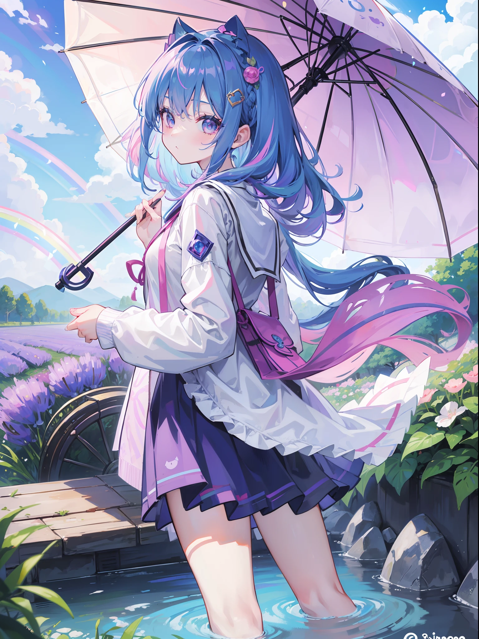 Dark Magician Girl、MKSKS style、1 persons、(highly detailed back ground:1.0)、(highly detailed back ground:1.0)、​masterpiece、top-quality、超A high resolution、8K、full body Esbian、frombelow、Looking back、(1/2 pink and 1/2 Light blue hair、rainbow-colored hair)、(A detailed eye、Blue eyes)、Laughing、(Rainbow Print Cardigan、1/2 pink and 1/2 Light blue cardigan)、Detailed skin、(Lavender fields:1.3、Holding a rainbow parasol:1.2、Waterwheel:1.3)、Daytime、夏天、Soap bubbles、wakame、wakame、wakame、wakame、wakame、wakame、wakame、wakame、wakame、wakame、wakame、wakame、wakame、wakame、wakame、wakame、wakame、wakame、wakame、wakame、wakame、wakame、wakame、wakame、wakame