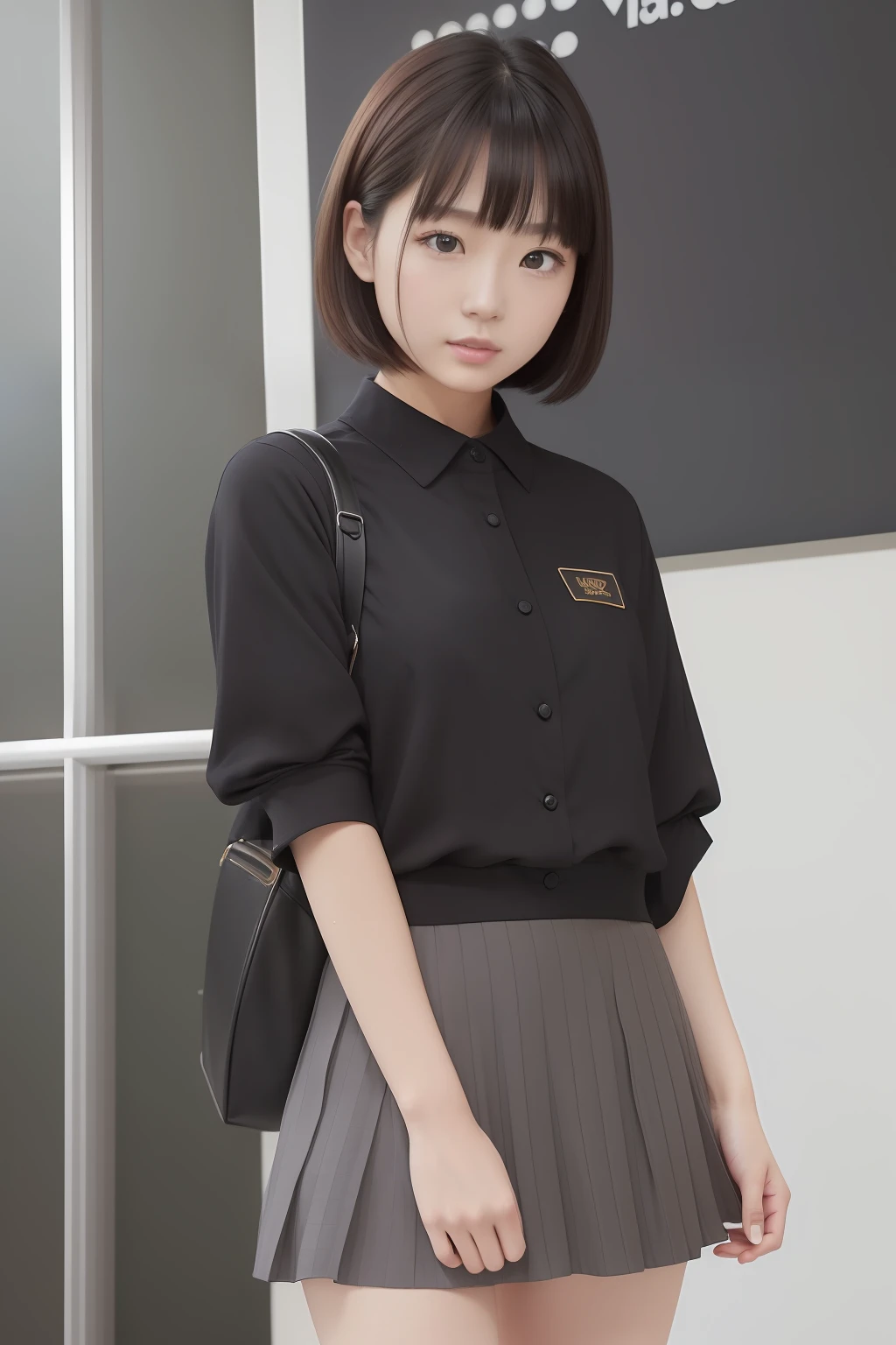 (masuter piece:1.3)、(8K、Photorealsitic、Raw photography、top-quality: 1.4)、(1girl in)、beautiful expression、(Lifelike face)、(A dark-haired、short-hair:1.3)、Beautiful hairstyle、realisticeyes、Beautiful details、(real looking skin)、Beautiful skins、(Mini skirt school uniform)、absurderes、enticing、超A high resolution、A hyper-realistic、high-detail、the golden ratio