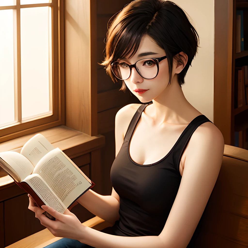 Woman reading a book。A dark-haired、slender、short-cut、Eyes are blue、japanes、Final Fantasy style、
Wearing glasses。Tank tops、light skinned、