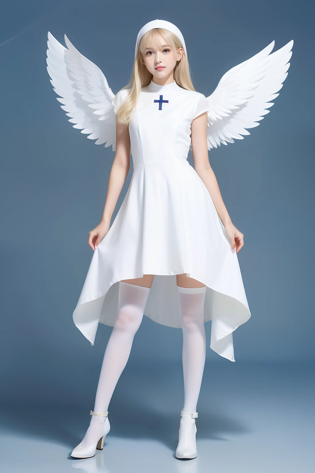 Huge three pairs of pure white wings,blond hairbl,White nun dress,white stockings,pitying,DOA,Blue gemstone cross scepter,Skysky,Full body like,teens girl