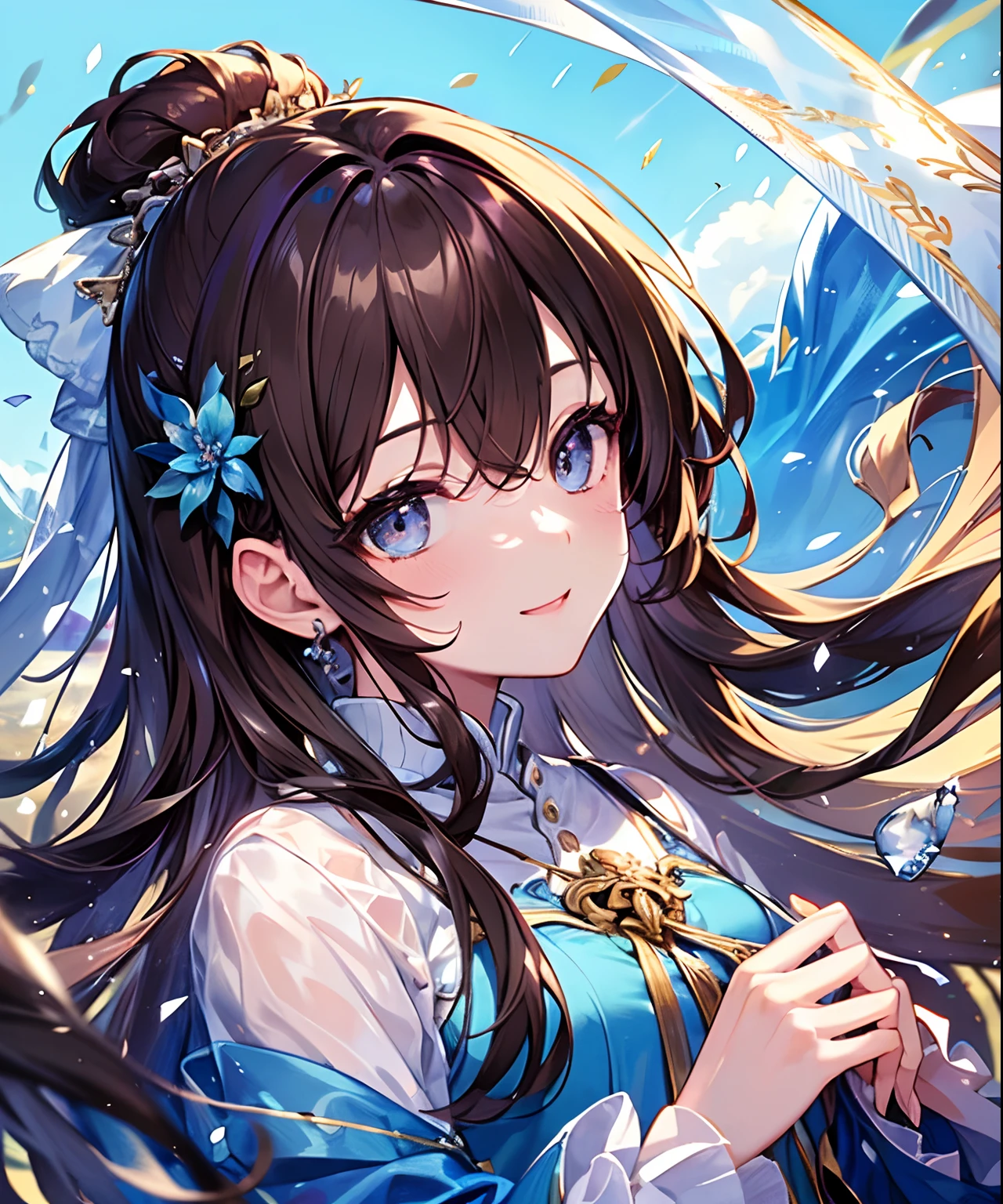 (((masterpiece)))、(((top-quality)))、((ultra-detailliert))、(illustratio)、((extremely delicate and beautiful))、A smile、floating、Brown hair、(Detailed light) (1girl in)、、独奏、The long-haired、The wind is blowing、A WORLD、In nature、blue-sky