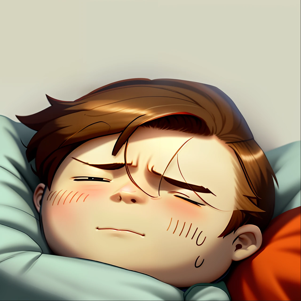 Caricature of a boy sleeping in bed with his eyes closed, Sleepy expression, Look tired, Tired expression, waking up, he is sad, exhausted face, with a sad expression, Sleepy eyes, tired looking, crying eyes closed!, Loish e Goro Fujita, 🍁 adolable, squinting, Soft anime illustration, background is heavenly, sleepy feeling