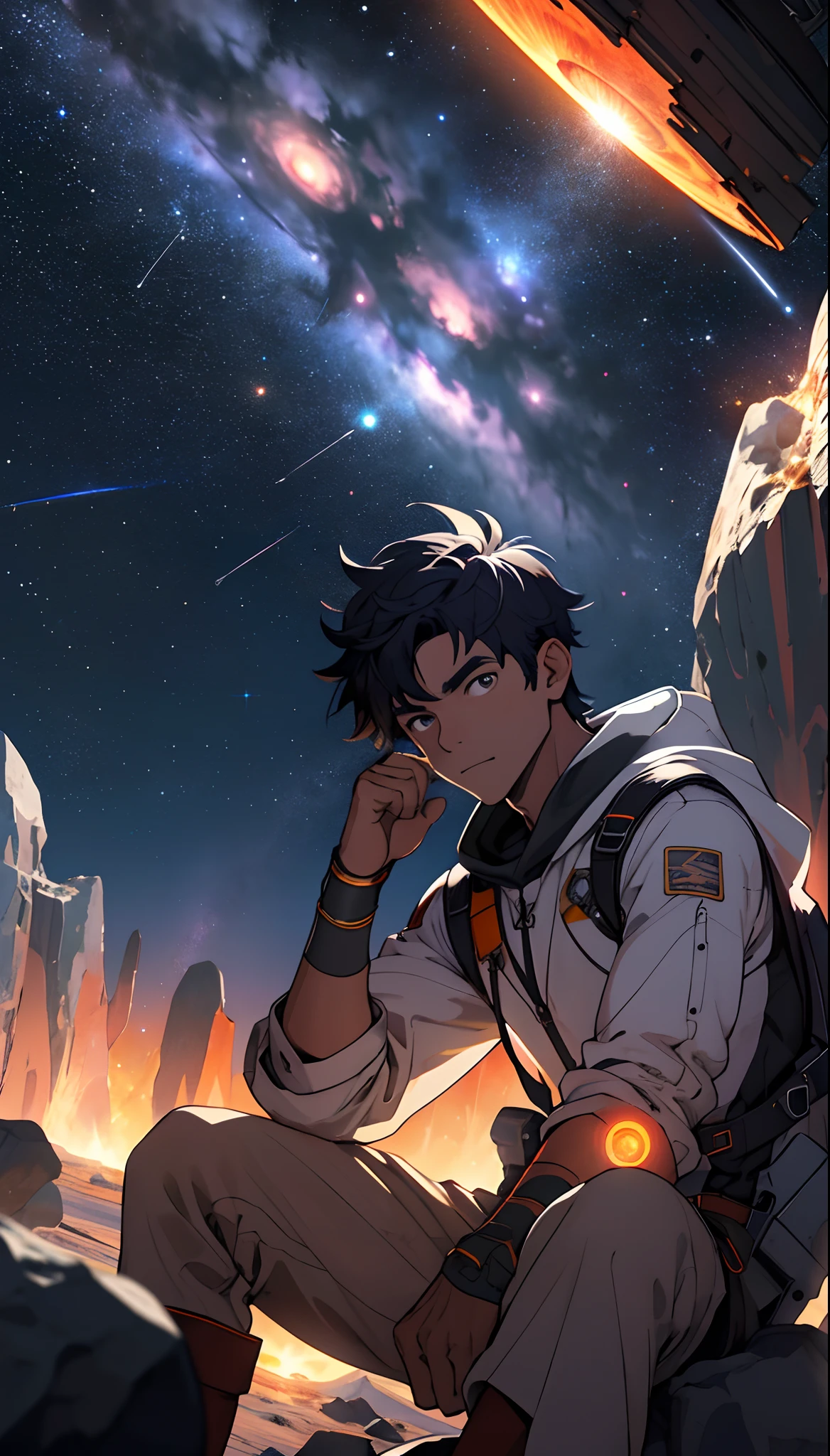 Draw a young programmer sitting on a research platform floating in the middle of an asteroid belt. He's looking at me, surrounded by several asteroids glowing with auras of fire. The dramatic illumination of distant stars and planets illuminates the scene, casting deep shadows on the costume. O jovem parece confiante e determinado, looking at the vast and mysterious universe with wonder and respect, barba, tiro de cowboy,