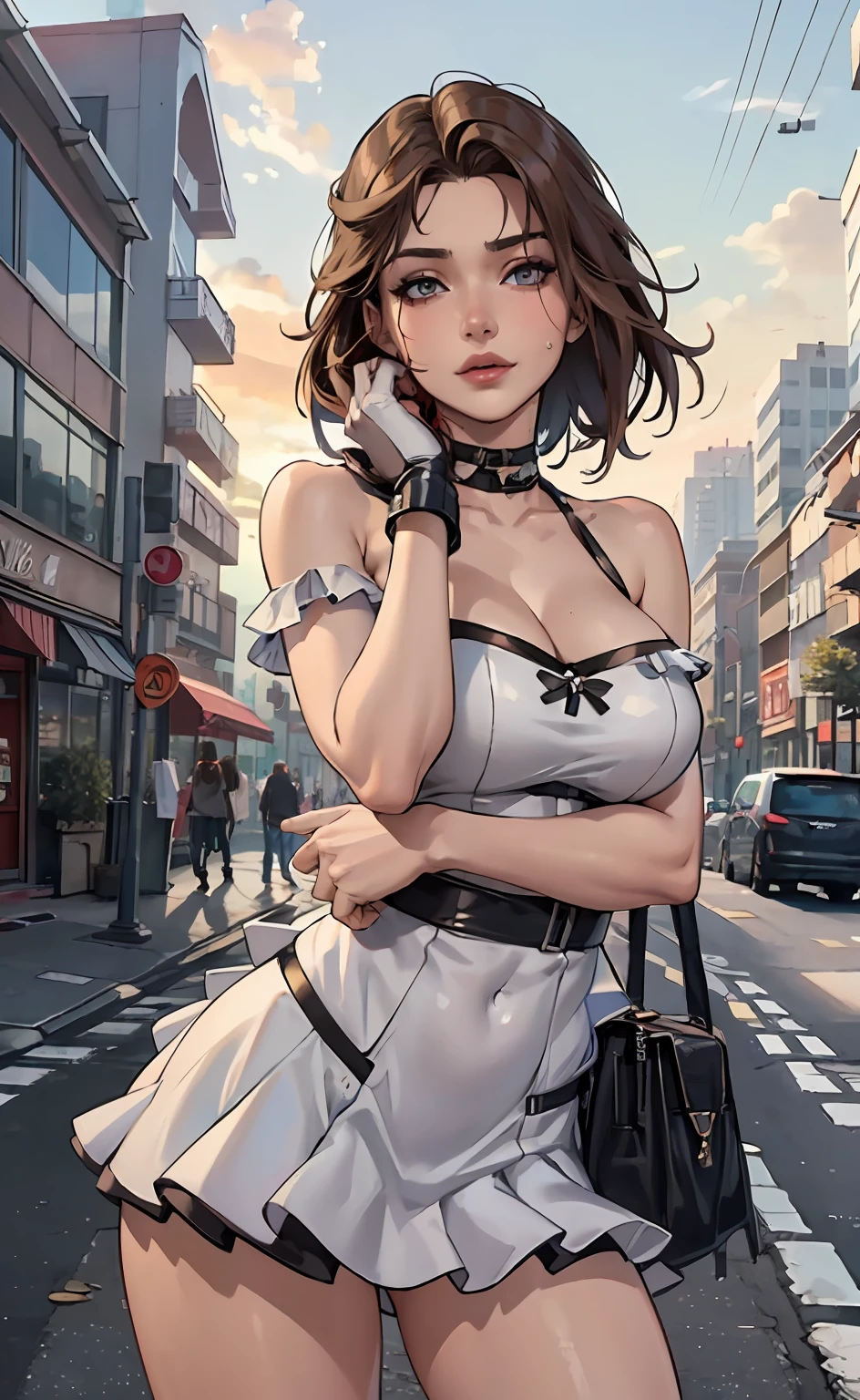 ((Best Quality, 8k, Masterpiece:1.3)), Focus:1.2, Perfect Body Beauty:1.4, Buttocks:1.2, ((Layered Haircut, Breasts:1.2)), (Wet Clothes:1.1) , (Sunny, Street:1.3), Bandeau Dress: 1.1, Highly Detailed Face and Skin Texture, Fine Eyes, Double Eyelids, Whitened Skin, Long Hair, (Shut Up: 1.3),brown hair,slutty pose, infront of a restaurant, prostitute(transparent top) (bra)(nsfw),miniskirt and top