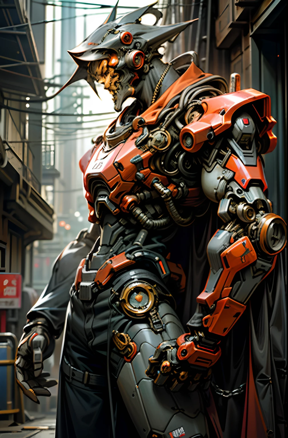 Dark_Fantasy,Cyberpunk,(chain saw,chain saw man,Red:1.1),1man,Mechanical marvel,Robotic presence,Cybernetic guardian, wearing a worn-out mech suit, intricate, (steel metal [rusty]), elegant, clear focus, shot by greg rutkowski, soft lighting, vibrant colors, masterpiece, ((street)), cowboy shot, dynamic pose,
