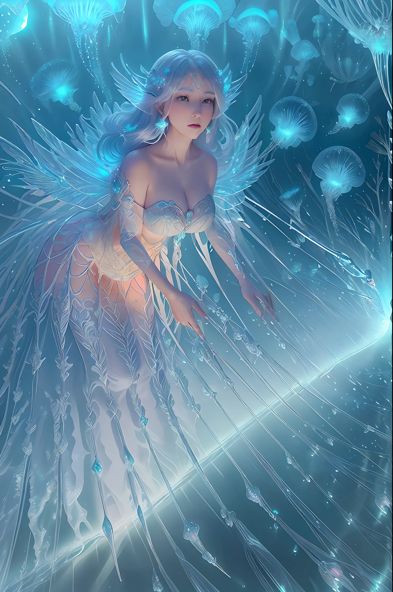 1girl, huge breast, hands on own breast, breast focus,Breast kneading,Ocean Forest, City, Fantastic Fantasy, Glowing Plants, Coral Viaduct, (Swarm of Glowing Jellyfish), (Shoal of Fish with Transparent Wings Flying in the Sky), Misty, Extreme Detail, Morning Light, Epic Composition, (Intricate Detail), (Intricate Design, Ultra Detail: 1.2),