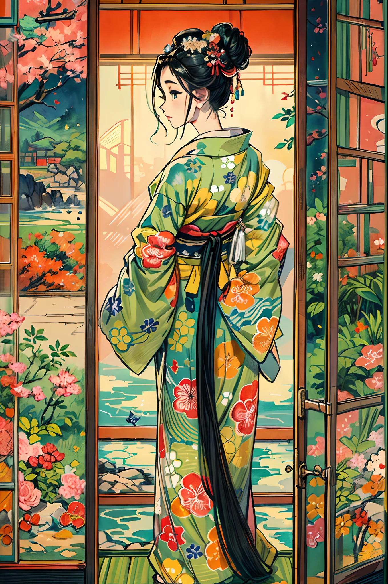 "(A stunning masterpiece with impeccable quality:1.5), captured from a front side view, featuring vibrant and saturated colors, a breathtakingly beautiful girl with black hair and exquisitely detailed face, viewed from a bottom-up perspective, dressed in a traditional kimono, set in the scenic beauty of Japan, surrounded by the authentic ambiance of tatami mats, with an open window framing the scene."