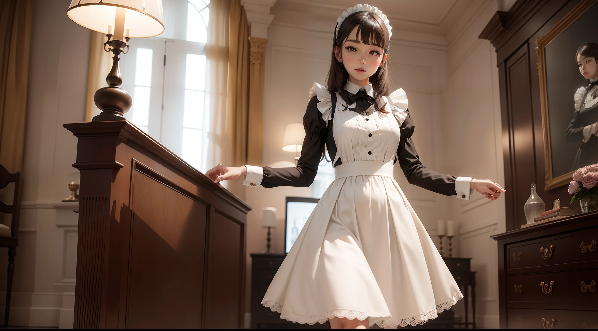 Delicate face standing maid outfit premium living room slim figure