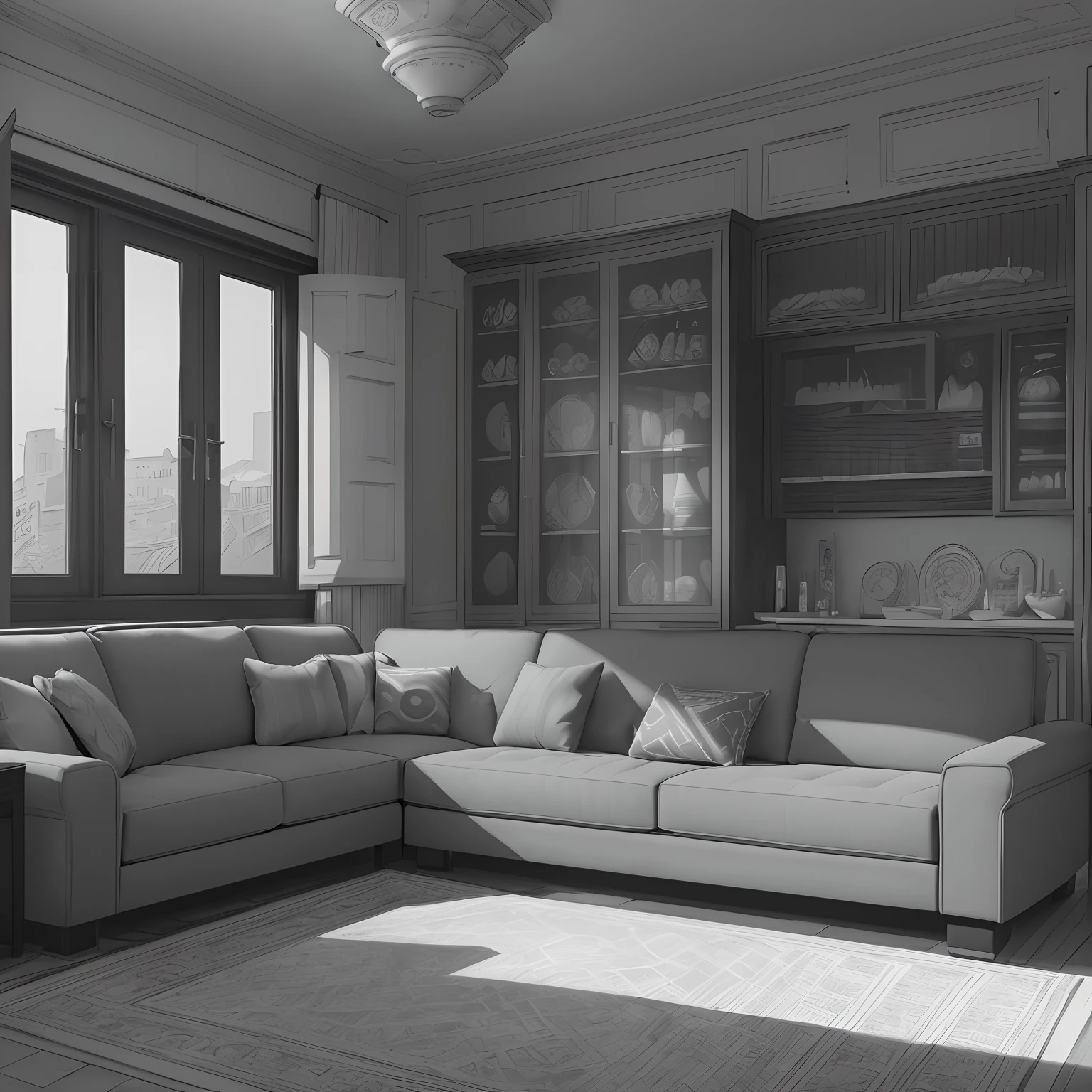 masterpiece、top-quality、High-quality images、8K、 ((unmanned、Background with、Accurate perspective、line-drawing、Contour extraction、Monochrome grayscale、Moderate shading、Medium omission、Comic style、)):1.4 ((livingroom、The table、sofa、cupboard、cupboard、unmanned))1.5